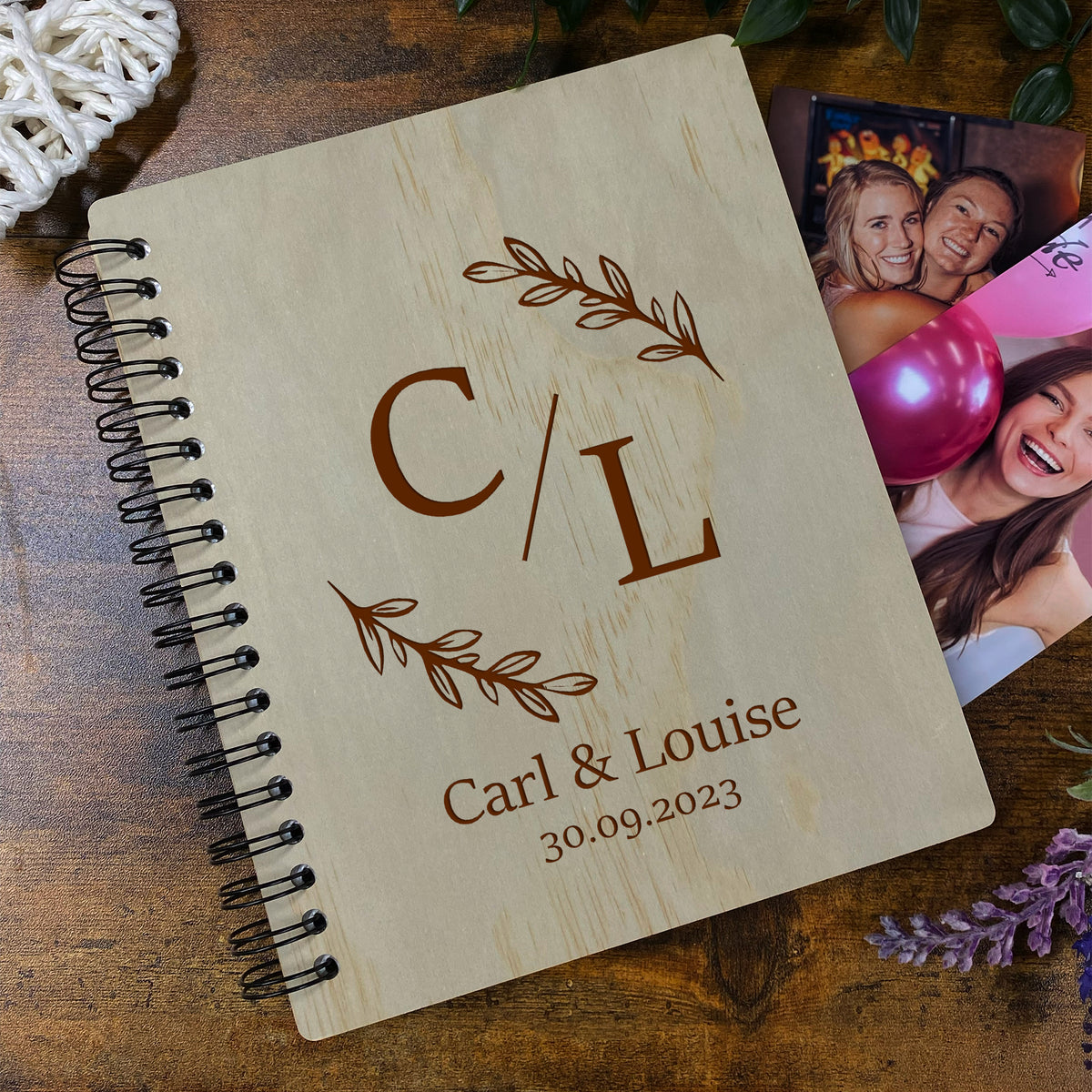 Personalised Large Engraved Wooden Wedding Photo Album Gift With Initials And Leaves