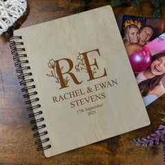 Personalised Large Engraved Wooden Wedding Photo Album Gift With Floral Initials
