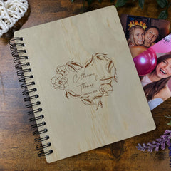 Personalised Large Engraved Wooden Wedding Photo Album Gift With Heart Wreath