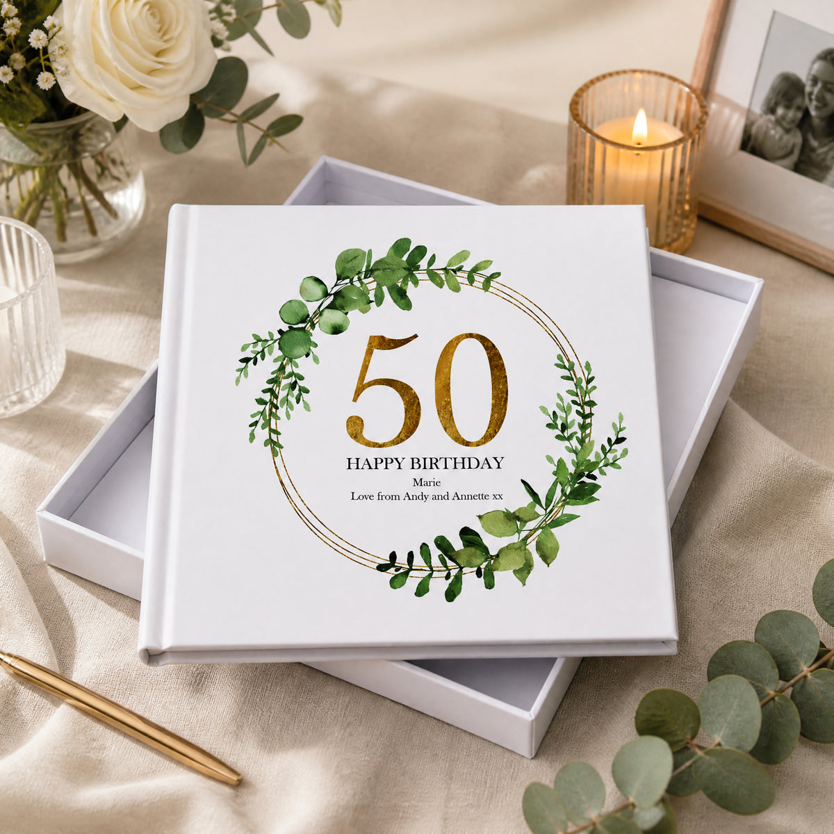 Personalised 50th Birthday Gift for her Photo Album Gold Wreath Design personalised photo frames ukgiftstoreonline