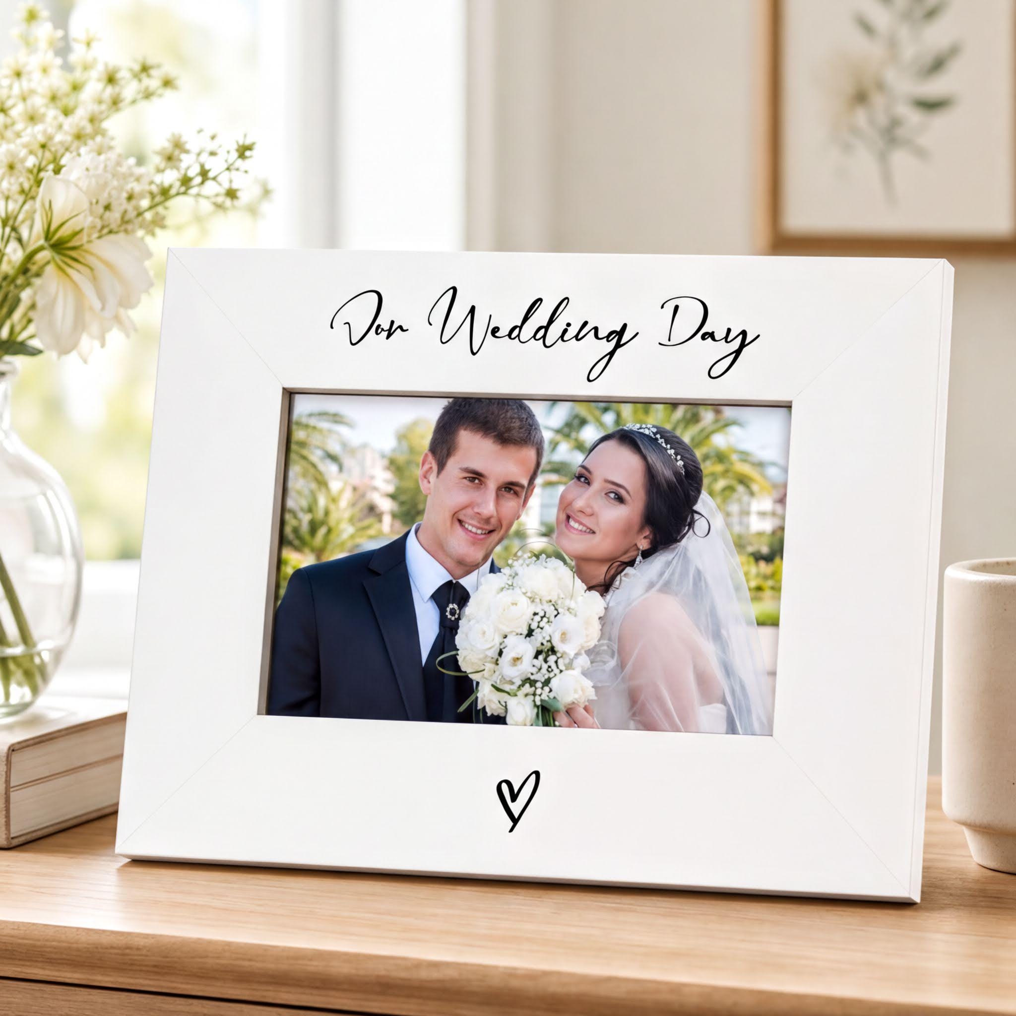 A white picture frame with a photo of a couple, presumably a bride and groom, inside it. The frame has a heart symbol at the bottom.