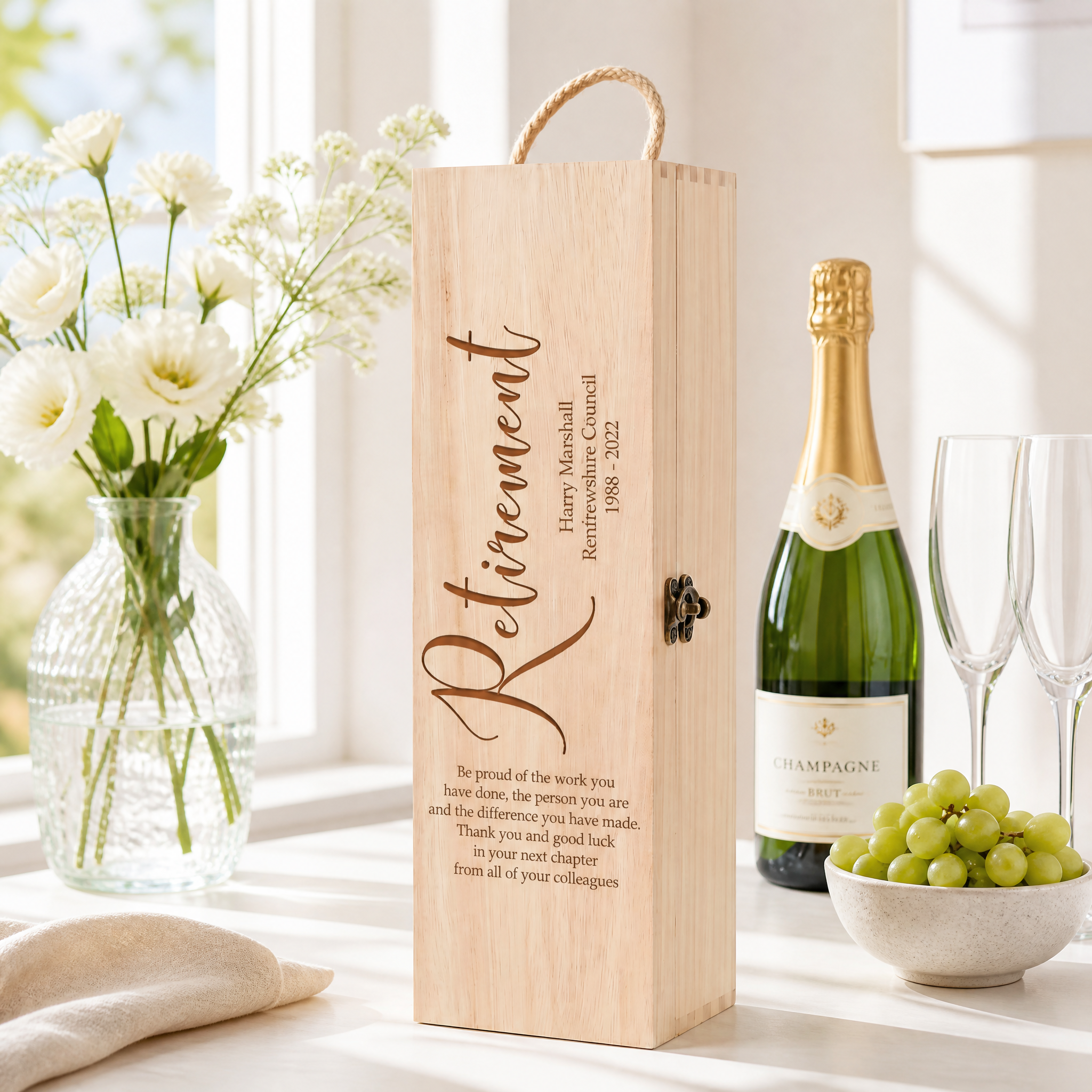 Personalised Retirement Champagne or Wine Bottle Holder Gift Personalised Wine Glasses ukgiftstoreonline