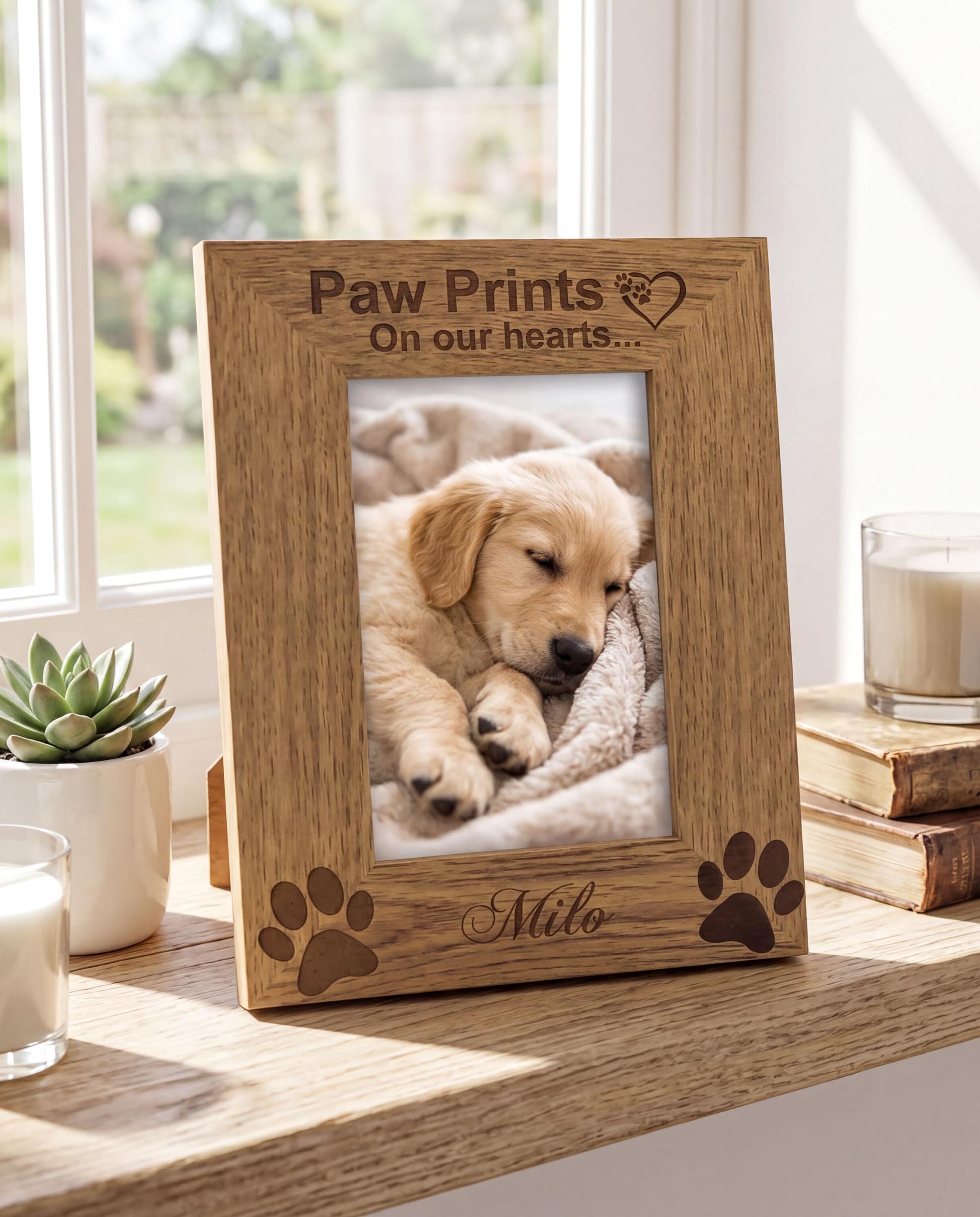 A wooden picture frame with a photo of a sleeping puppy inside, placed on a wooden shelf next to a candle and some books.