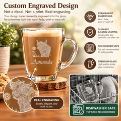 Personalised Engraved Glass Coffee Cup, Tea Cup, Any Name and Highland Cow Personalised Birthday Gift ukgiftstoreonline
