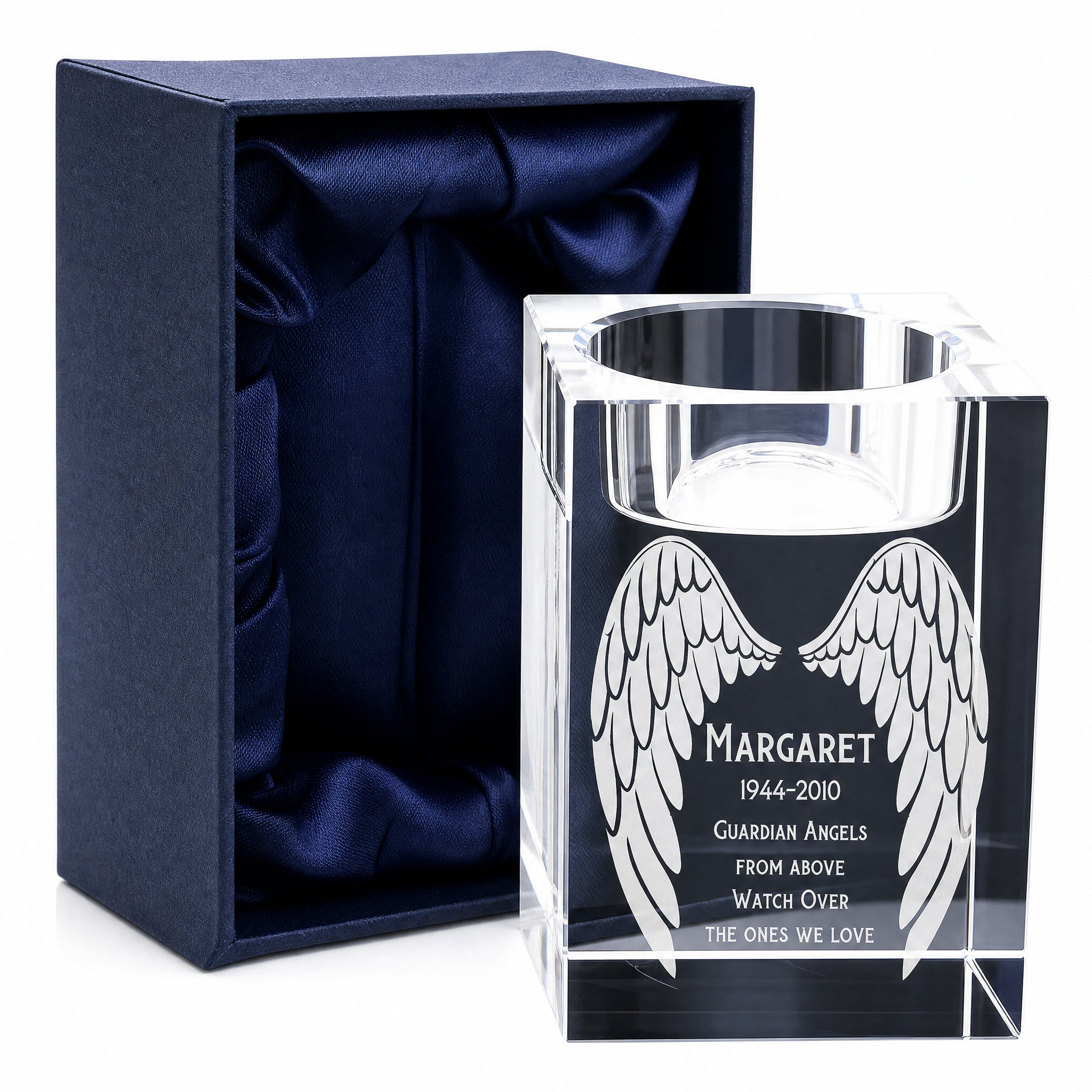 Personalised Crystal Glass Memorial Tea Light Candle Holder Guardian Angel Wings Personalised Crystal Glass ukgiftstoreonline