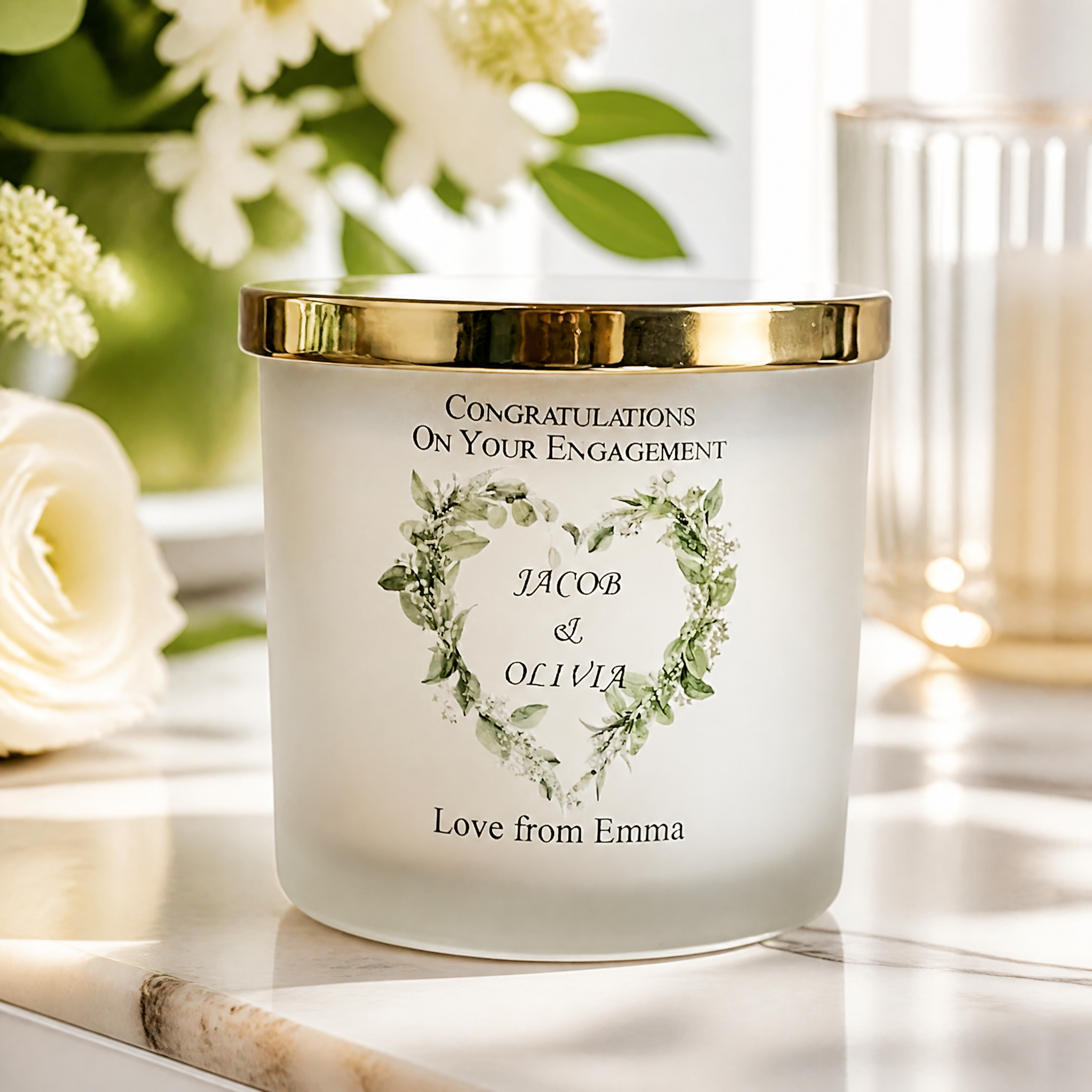 Personalised Large Double Wick Engagement Candle Gift With Floral Heart Wreath personalised Candle Lights ukgiftstoreonline