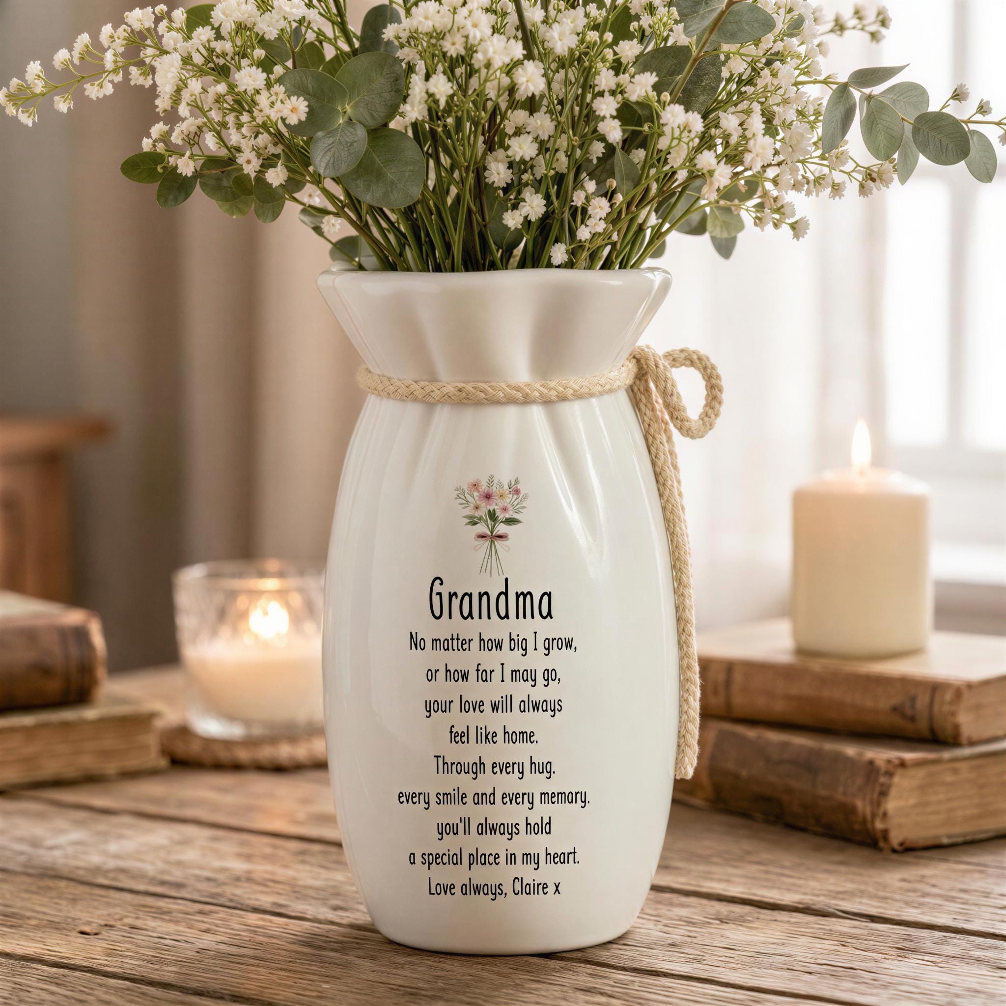 A white vase with a floral design and a heartfelt message, placed on a wooden surface.