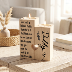 Personalised Tea Light Holder - Double Wooden Candle Gift for Daddy with Heart Cut Out Tea Light Holder ukgiftstoreonline