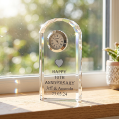 Personalised 10th Wedding Anniversary Crystal Glass Clock Gift Personalised Crystal Glass ukgiftstoreonline