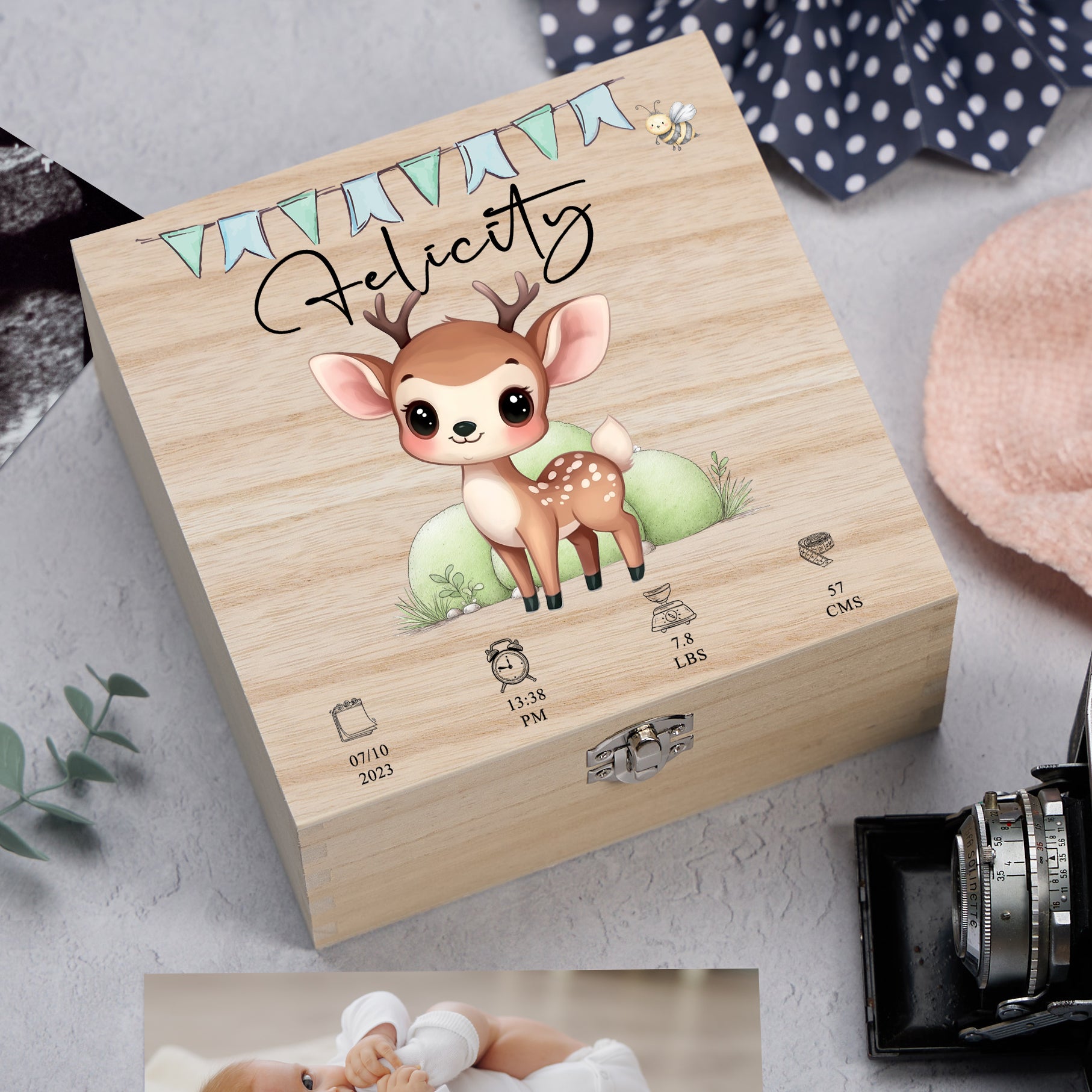 Personalised Wooden Baby Memory Keepsake Box With Cute Animals