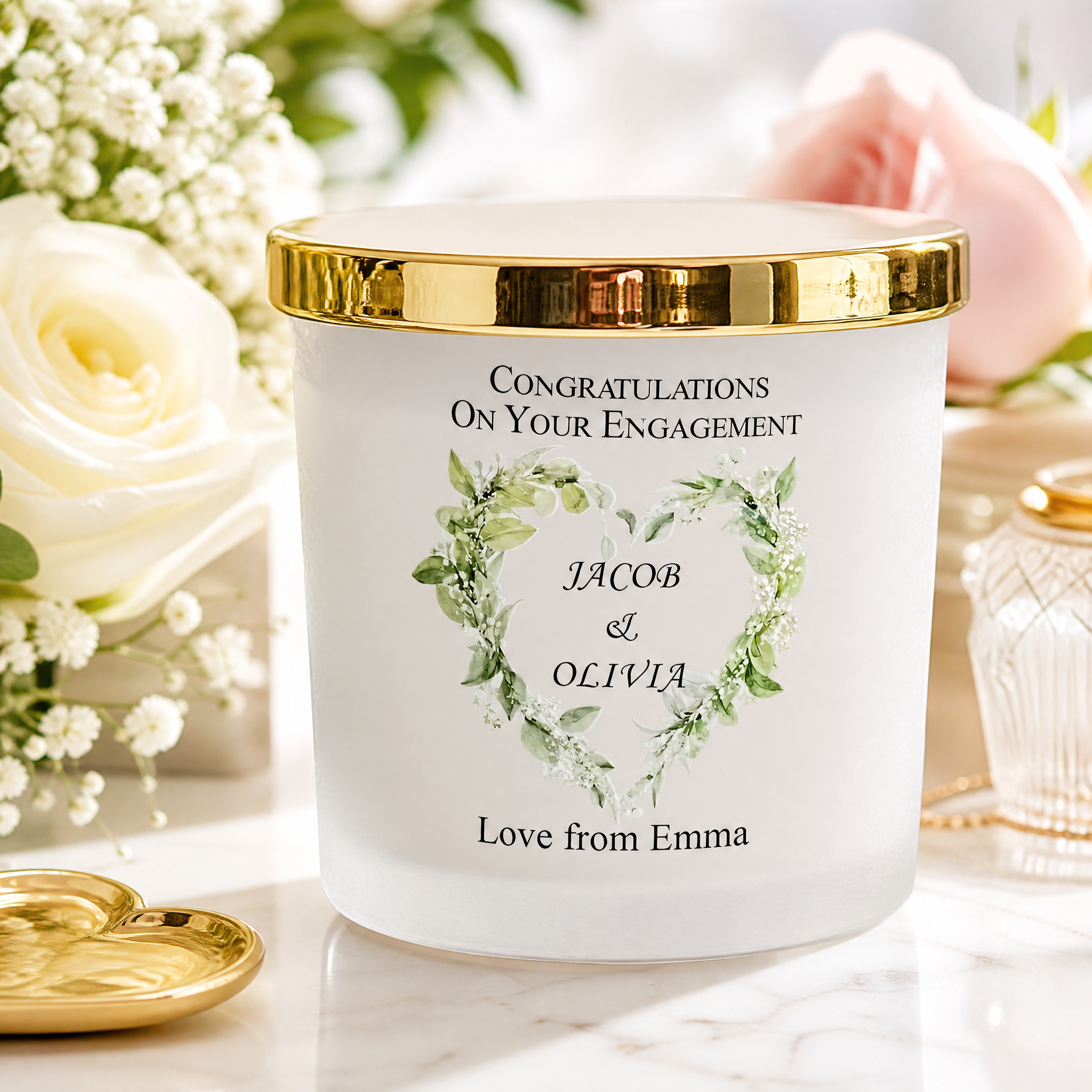 Personalised Large Double Wick Engagement Candle Gift With Floral Heart Wreath personalised Candle Lights ukgiftstoreonline