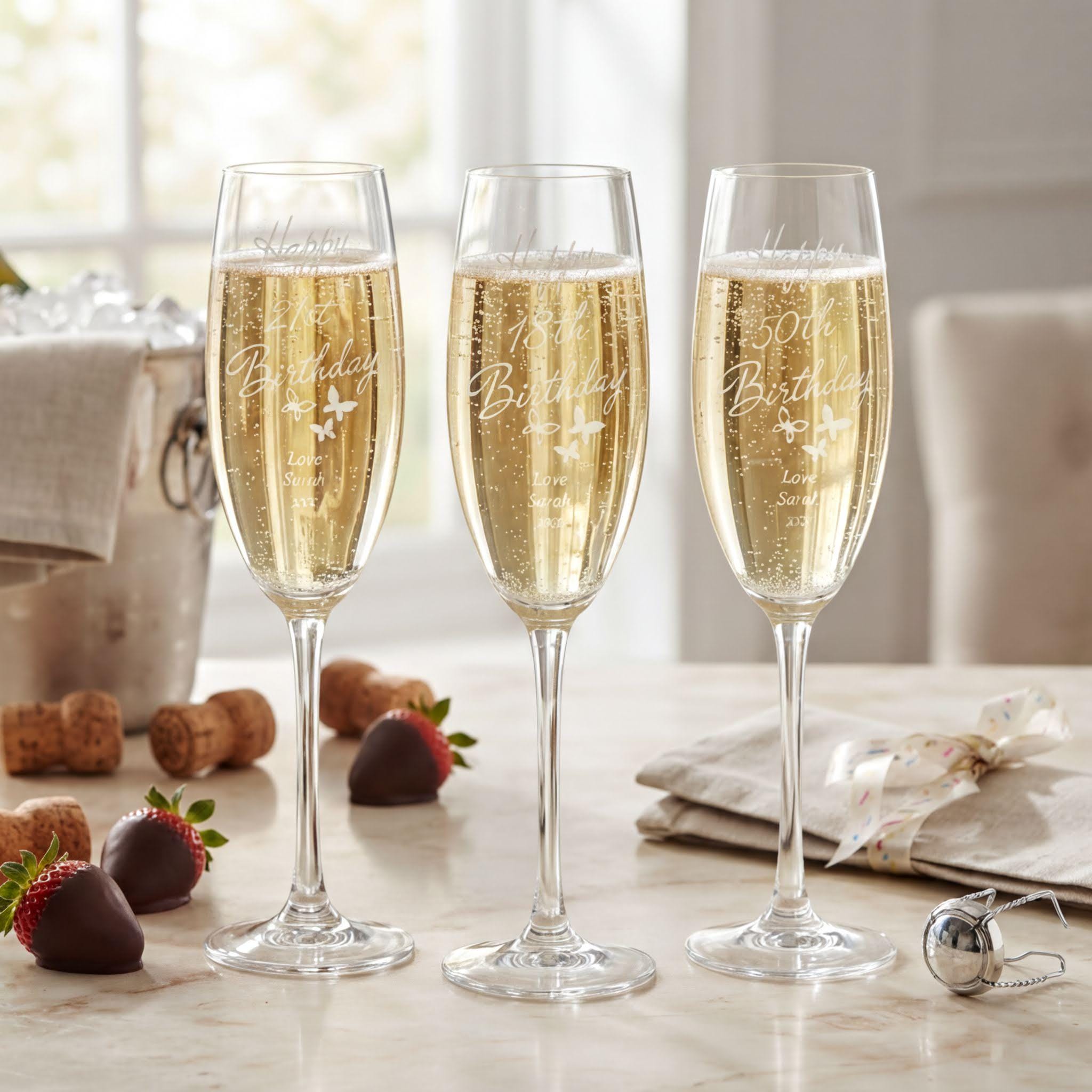 Three champagne flutes filled with champagne are placed on a table, with a few strawberries and a bottle of champagne visible in the background.