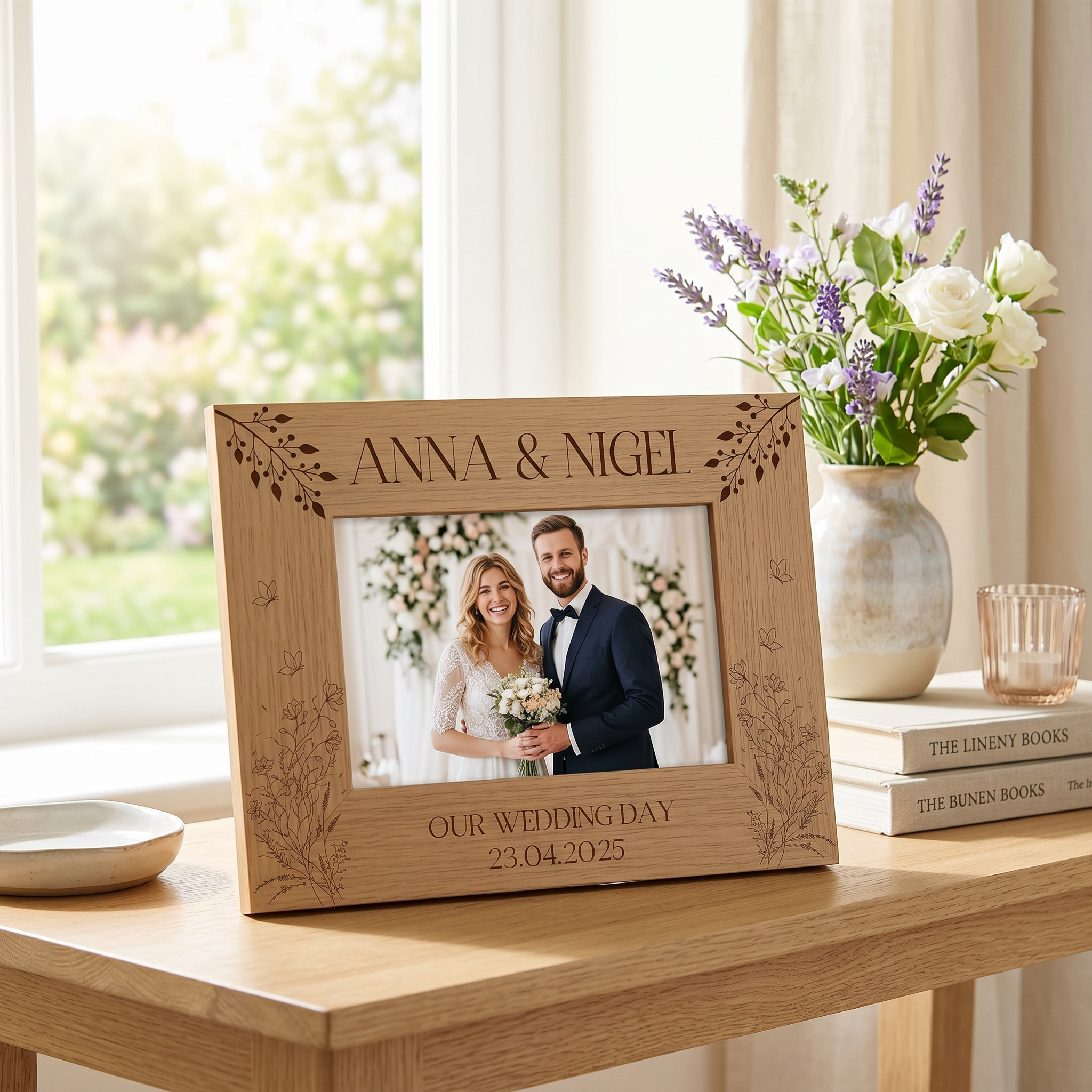 Personalised Wooden Engraved Photo Frames Wedding Any Message Multiple Sizes With Wildflowers Photo Frame ukgiftstoreonline