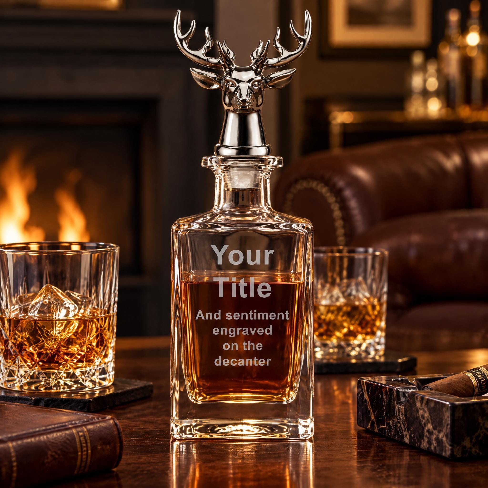 Personalised Whiskey Decanter, Stag Head Stopper, Laser Etched. ukgiftstoreonline