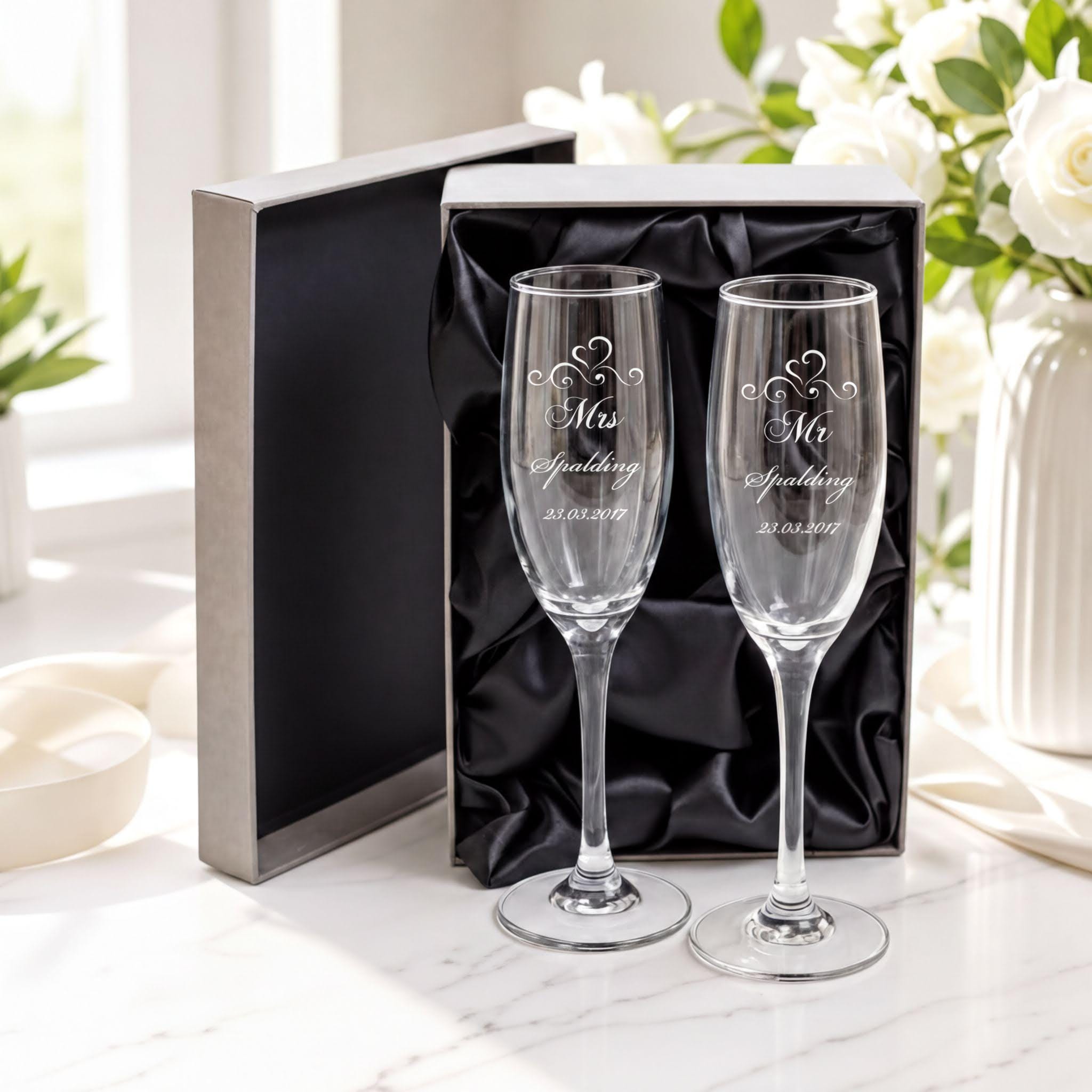 Personalised Champagne Glasses – Engraved Wedding Day Gifts Toasting Set ukgiftstoreonline