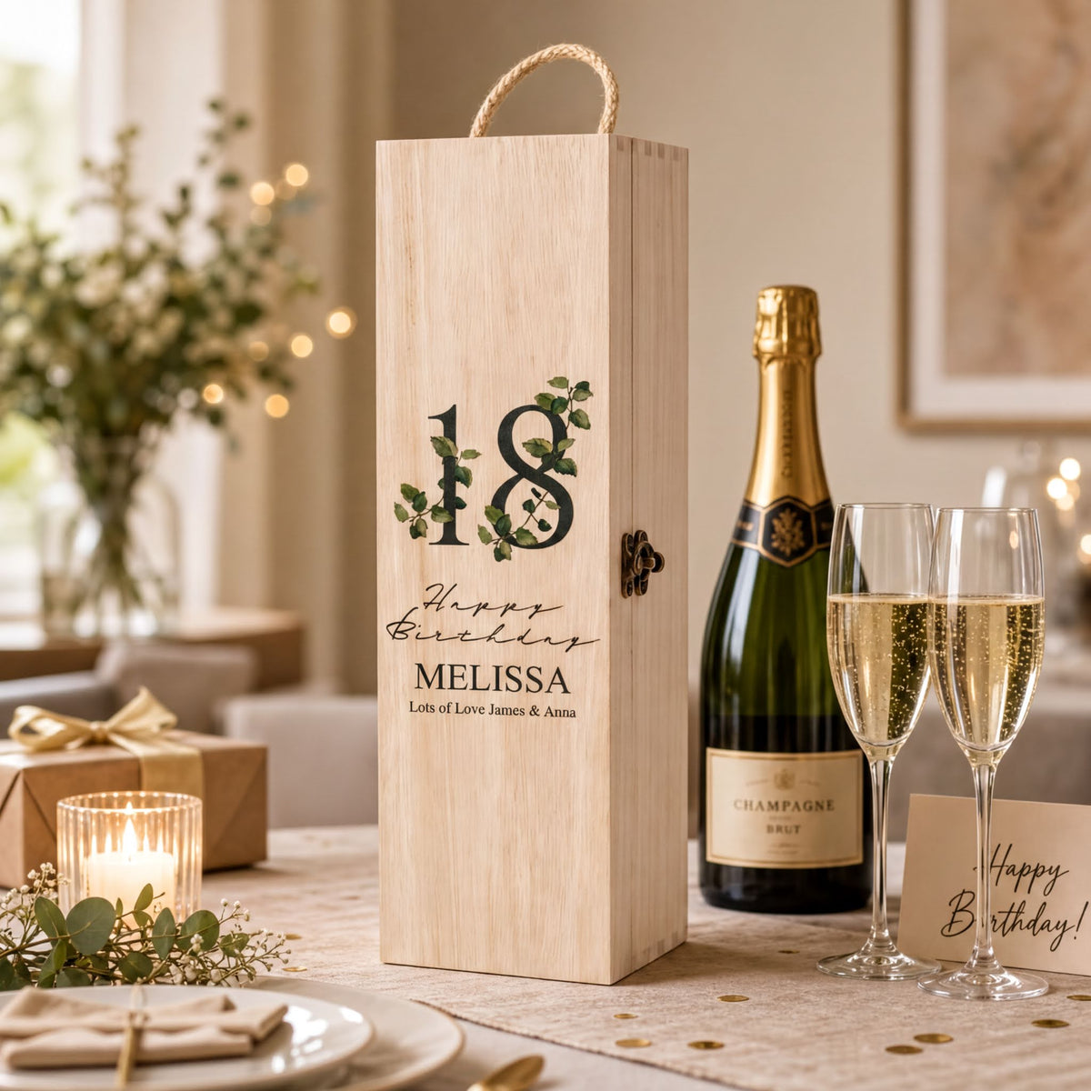 Personalised 18th Birthday Wine or Champagne Box Gift With Leaf Design WI-5 Champagne Bottle Holder ukgiftstoreonline
