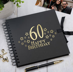60th Birthday Black Scrapbook, Guest Book Or Photo Album with Gold Script