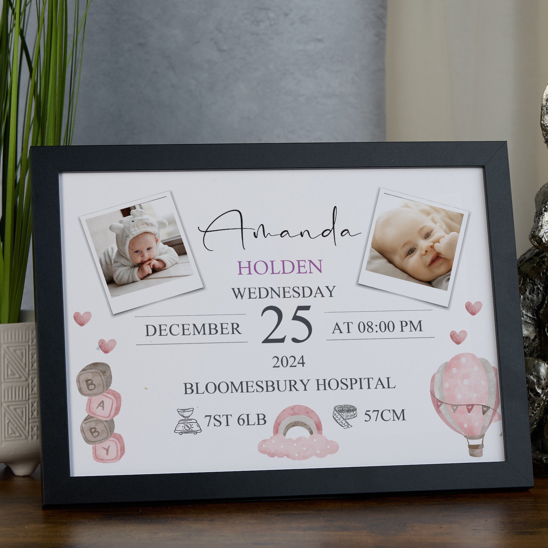 Personalised Baby Girl Photo Frame, A4 Framed Print and Photos with Birth Details
