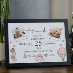 Personalised Baby Girl Photo Frame, A4 Framed Print and Photos with Birth Details