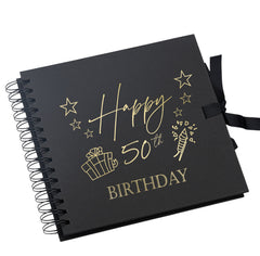 50th Birthday Black Scrapbook Photo Album with Gold Script Present Design