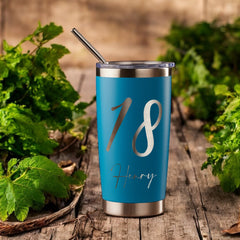 Personalised Engraved Thermal Travel Mug Any Age Birthday Gift With Metal Straw