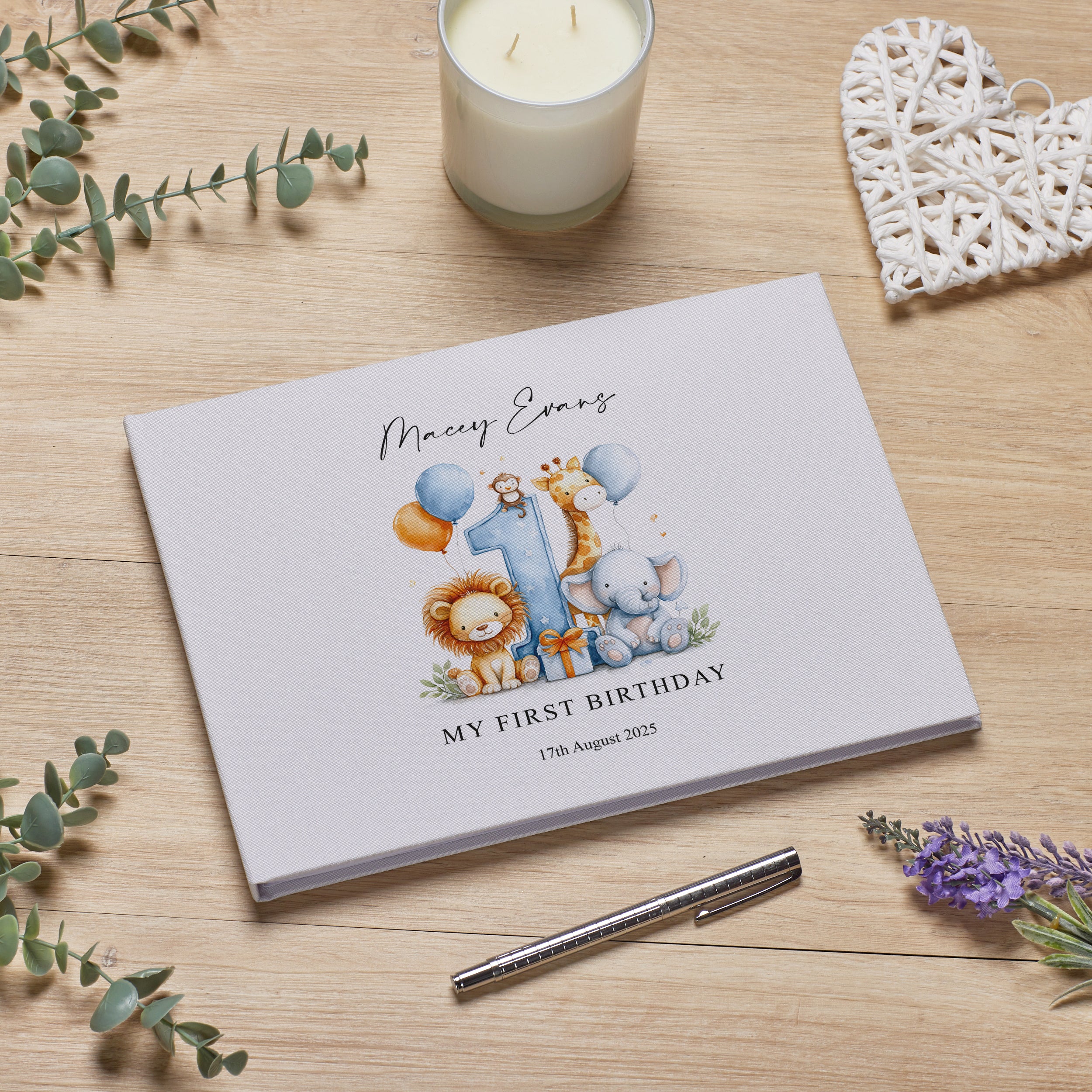 Personalised Luxury Large A4 1st Birthday Linen Cover Guestbook With Safari Animal Theme