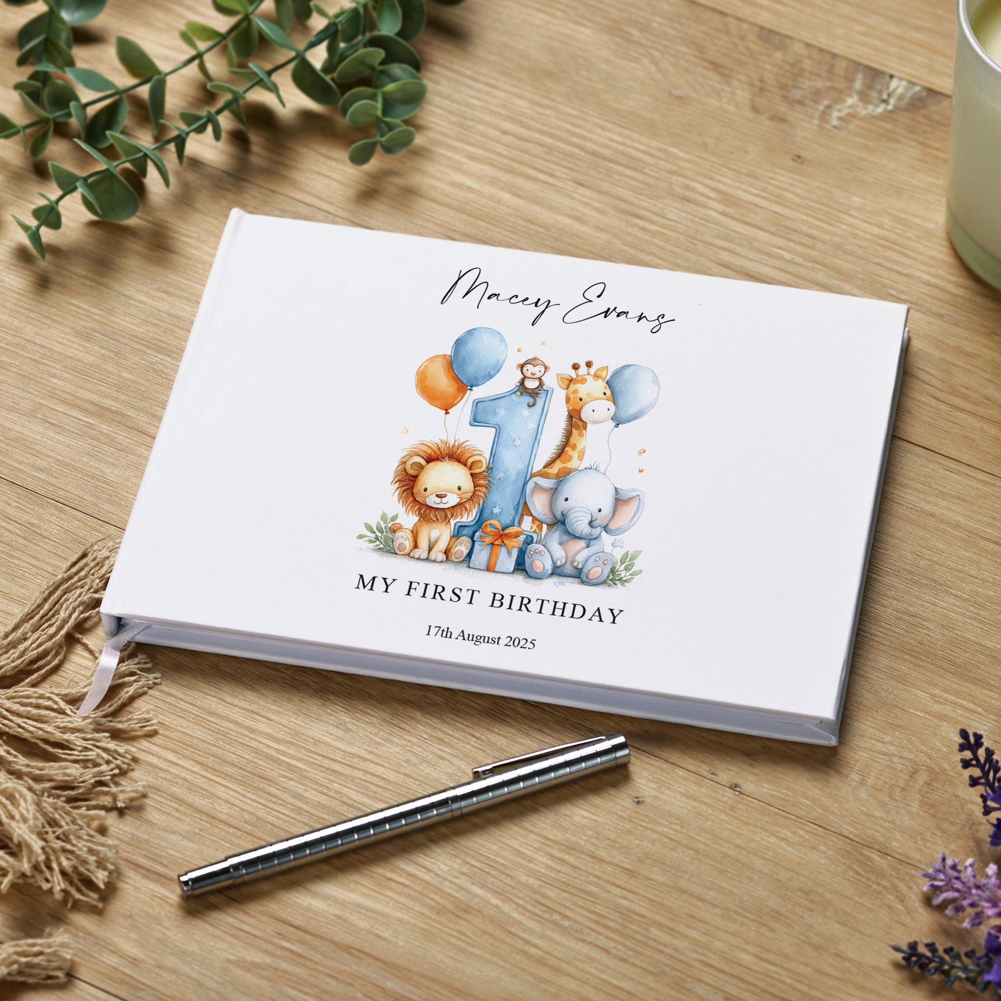 Personalised 1st Birthday Guest Book With Safari Animals Guest Book ukgiftstoreonline Blue