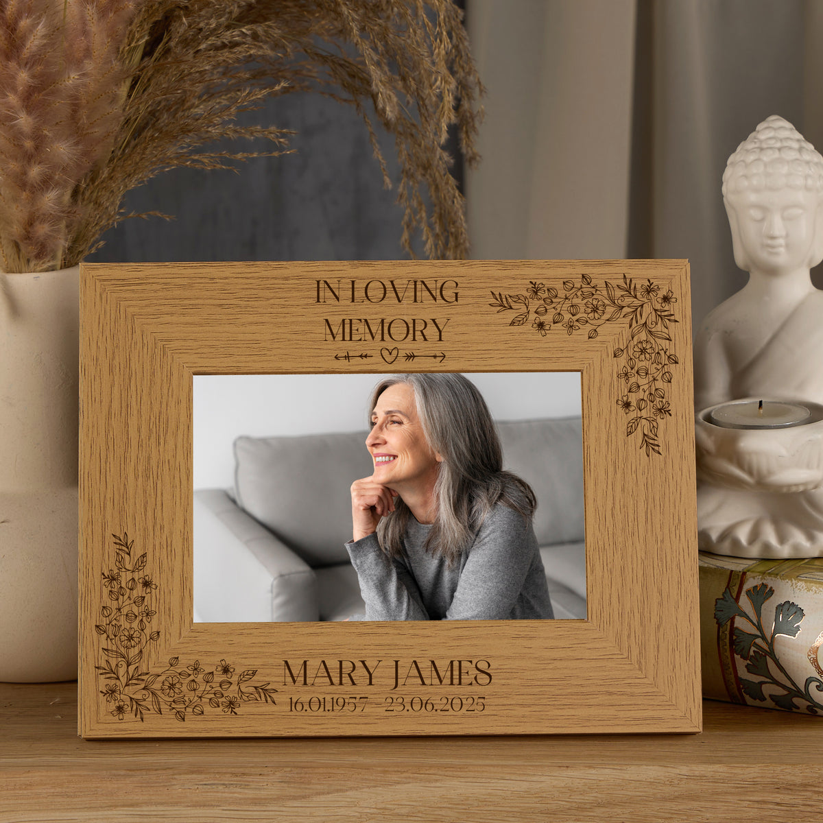 In Loving Memory Personalised Wooden Engraved Photo Frame Multiple Sizes With Flowers