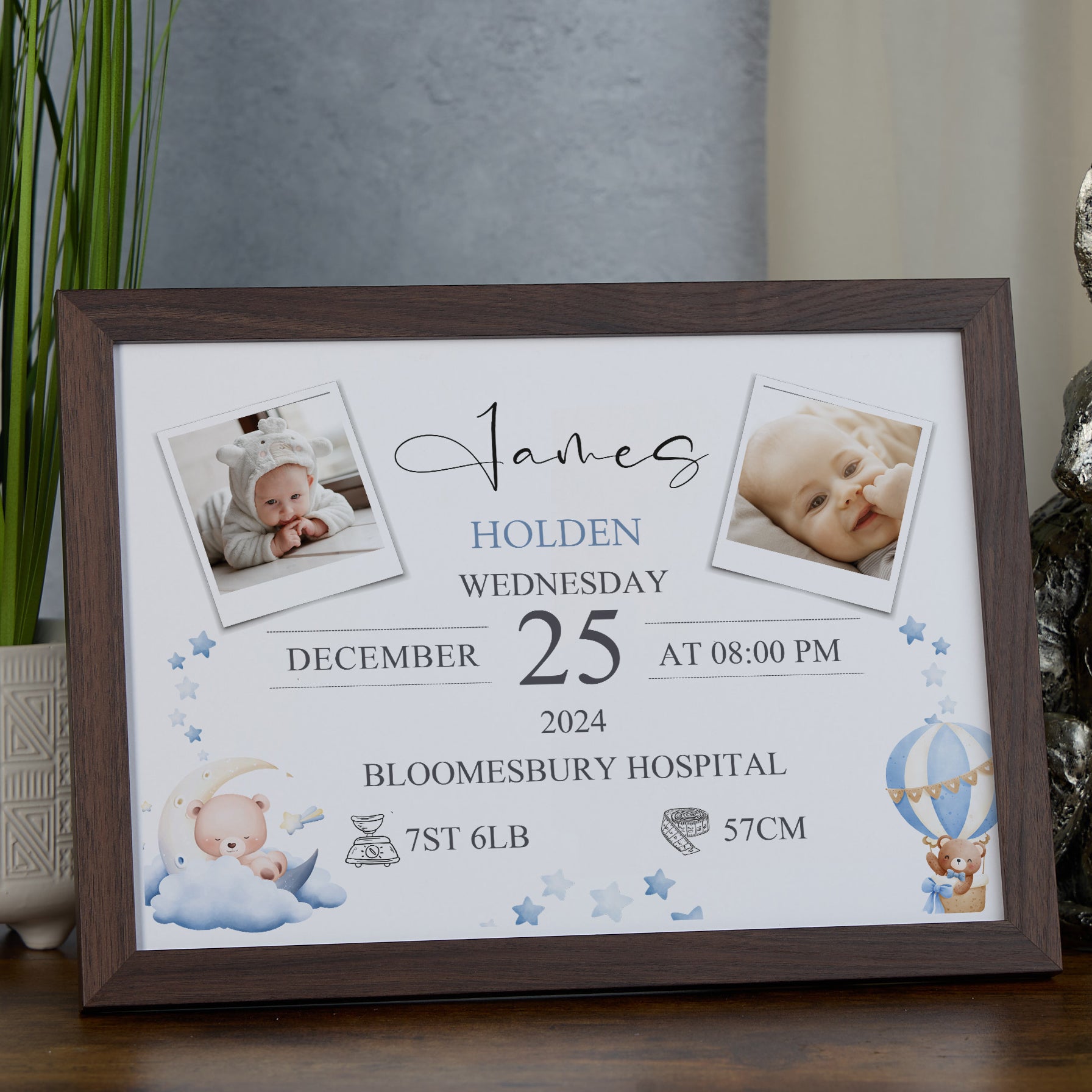 Personalised Baby Boy Photo Frame, A4 Framed Print and Photos with Birth Details