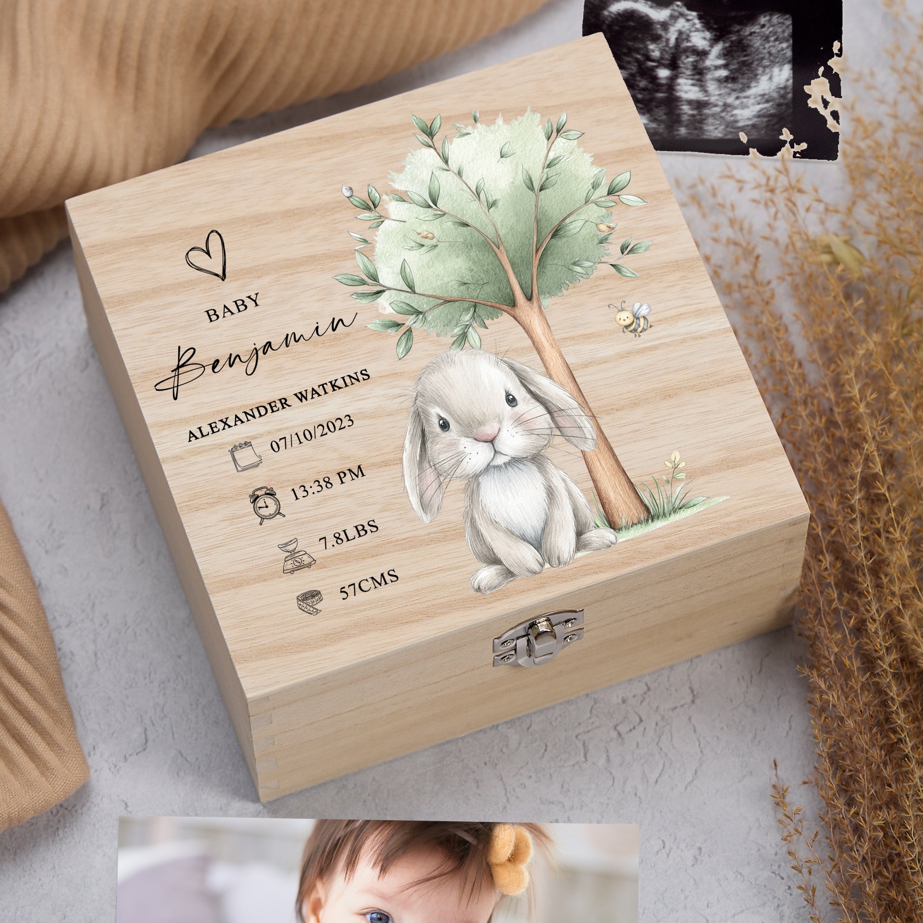 Personalised Wooden Baby Memory Keepsake Box With Furry Cute Boho Animals