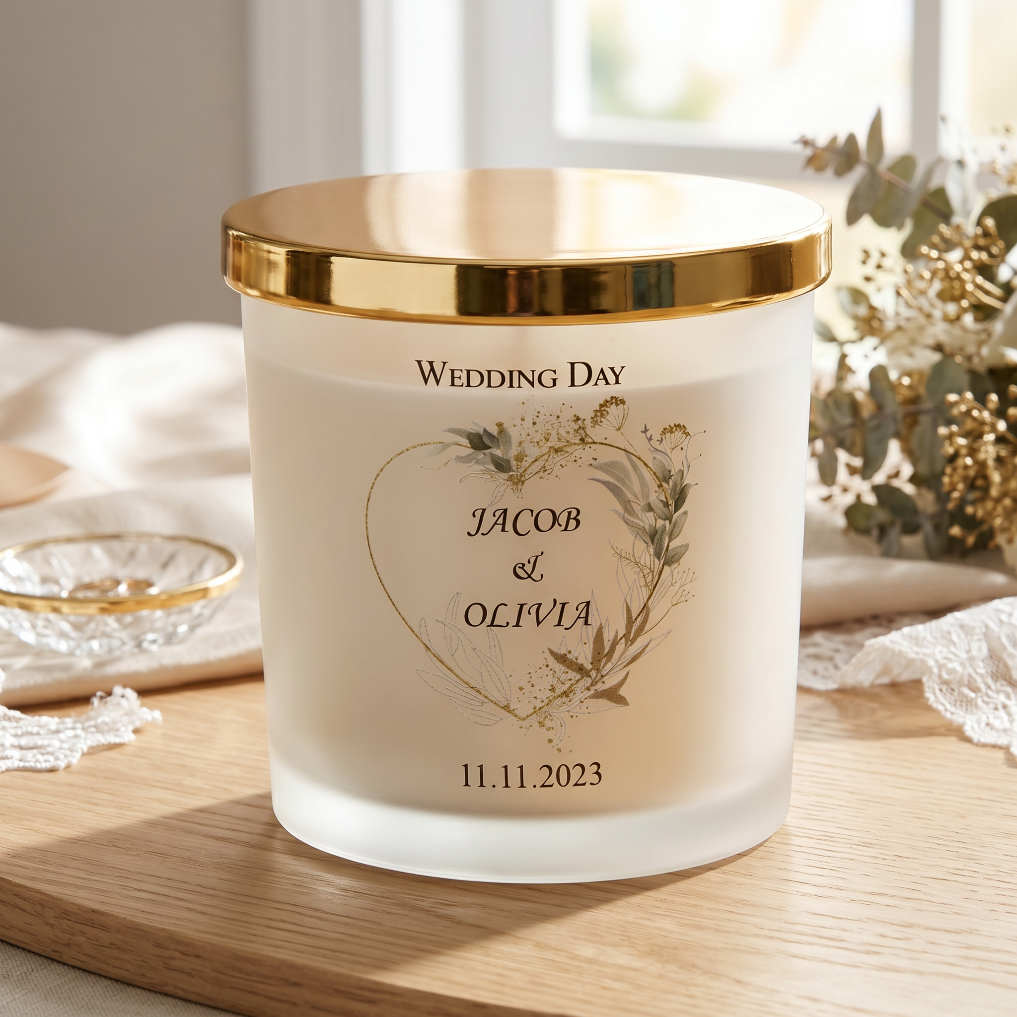 Personalised Large Double Wick Wedding Candle Gift With Gold Leaf personalised Candle Lights ukgiftstoreonline