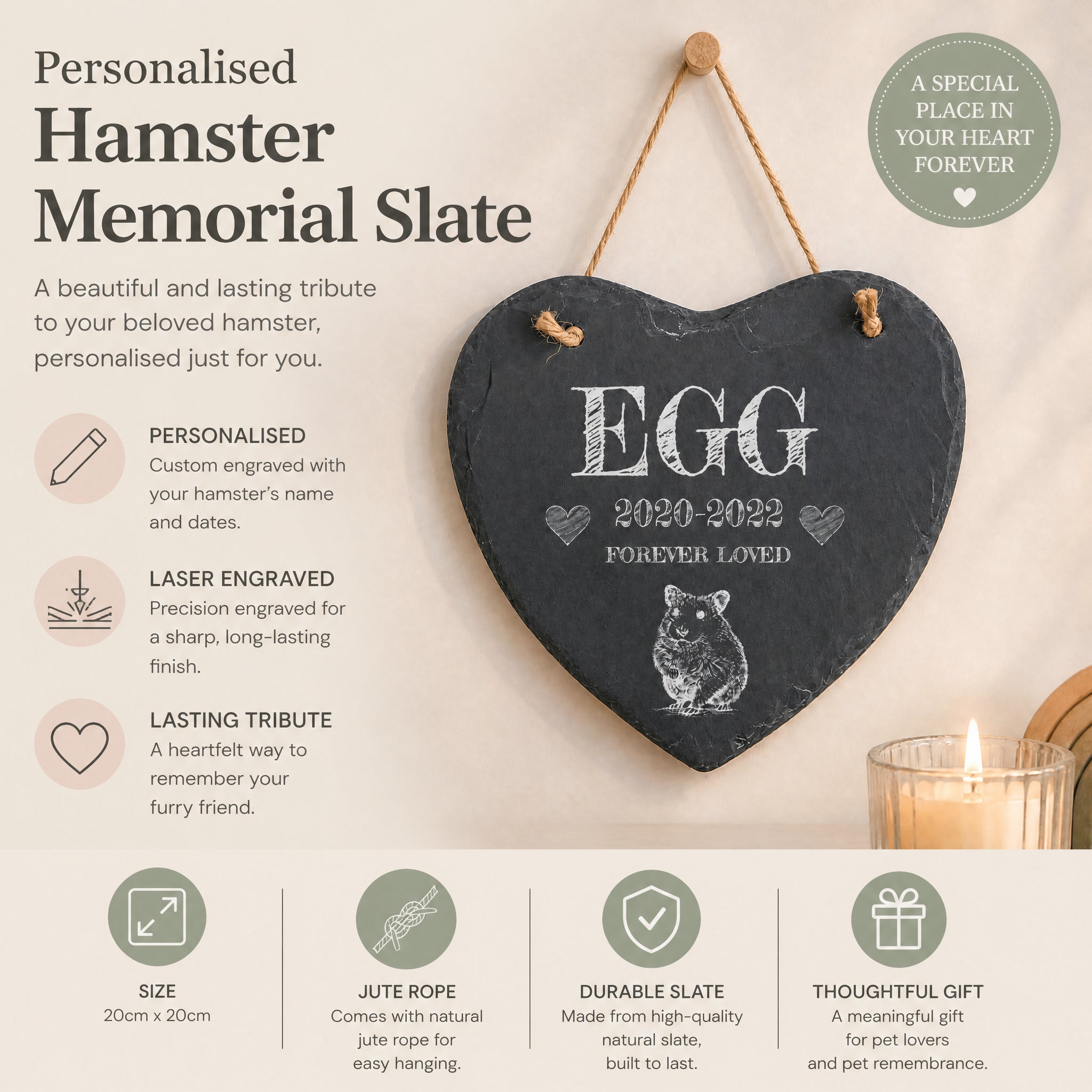 ukgiftstoreonline Personalised Hamster Remembrance Memorial Slate Heart Stone Plaque Personalised Slates ukgiftstoreonline