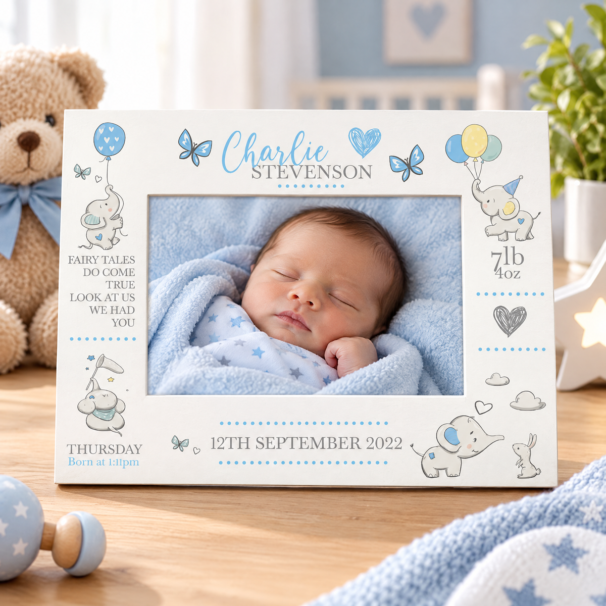 Personalised Baby Photo Frame, Boy Birth Details, Cute Elephant Photo Frame ukgiftstoreonline