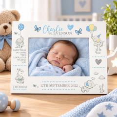 Personalised Baby Photo Frame, Boy Birth Details, Cute Elephant Photo Frame ukgiftstoreonline
