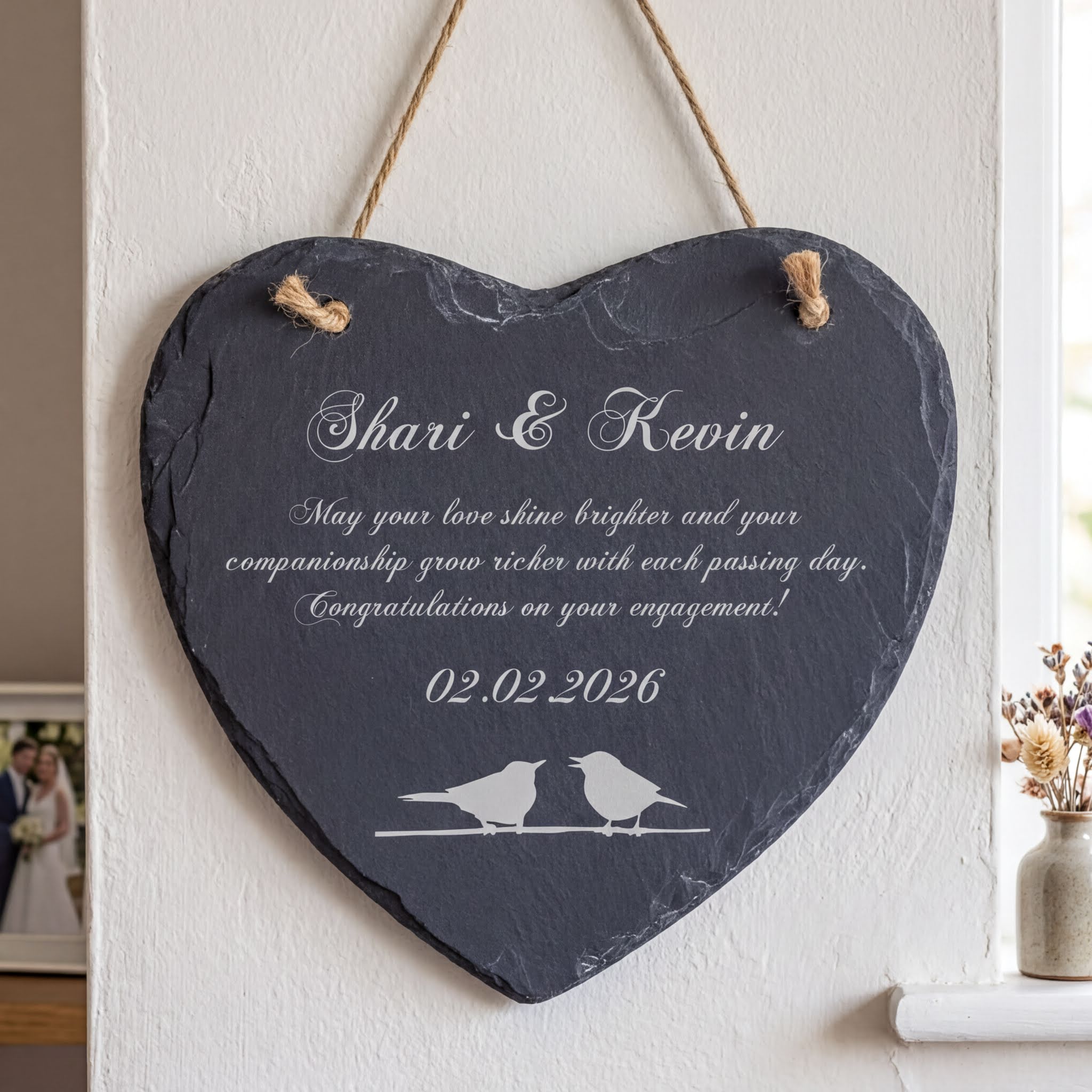 Personalised Engagement Gift - Custom Engraved Slate Plaque With Bird Symbol Personalised Heart Gifts ukgiftstoreonline