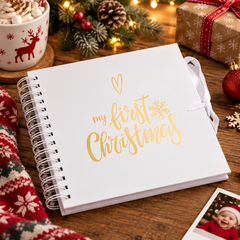My First Christmas White Scrapbook Photo Album Keepsake Gold Print personalised photo album ukgiftstoreonline