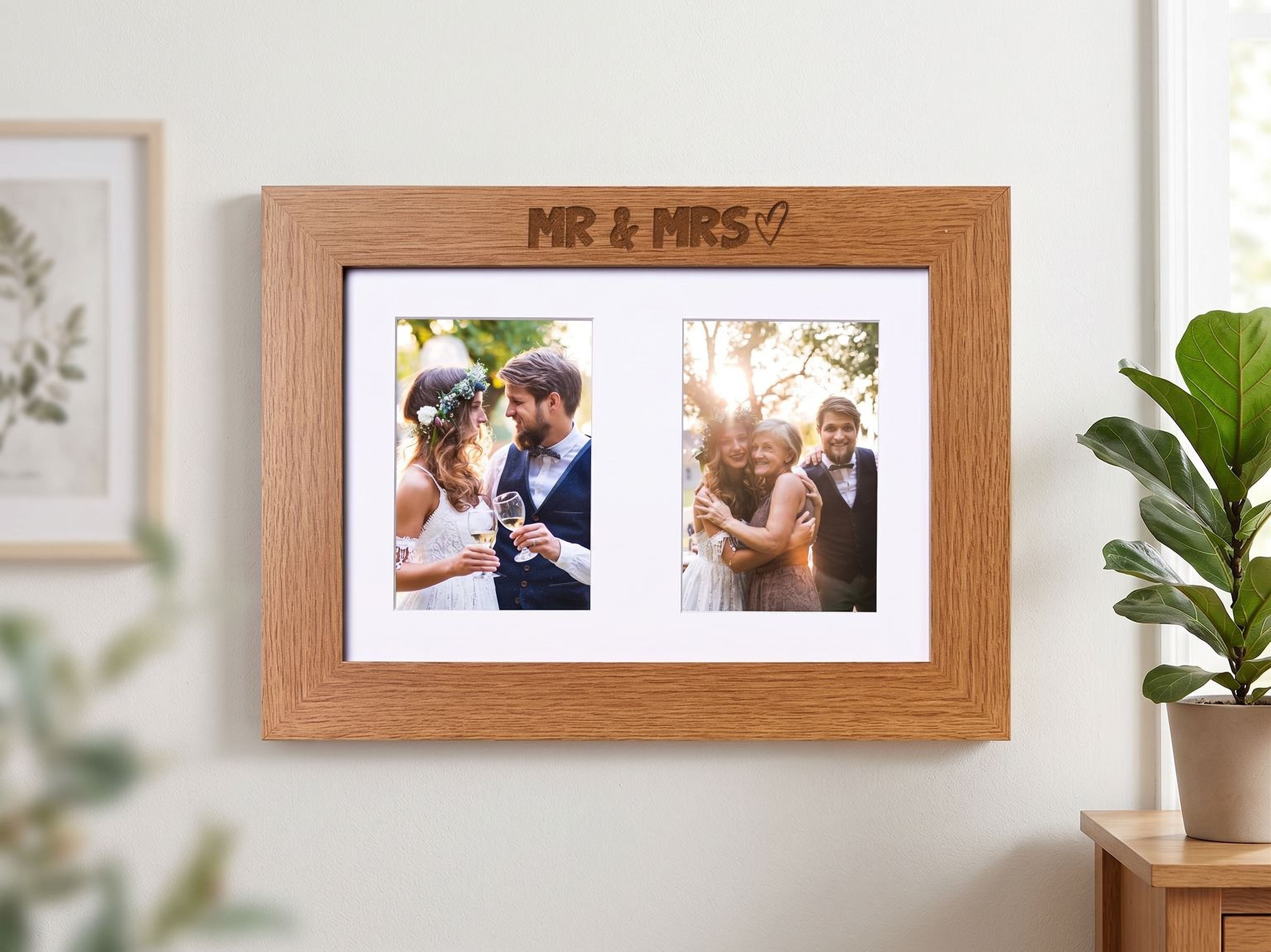 Wedding Photo Frame Double 6x4 Inch - Oak Wood Mr and Mrs Engraved Frame Photo Frame ukgiftstoreonline