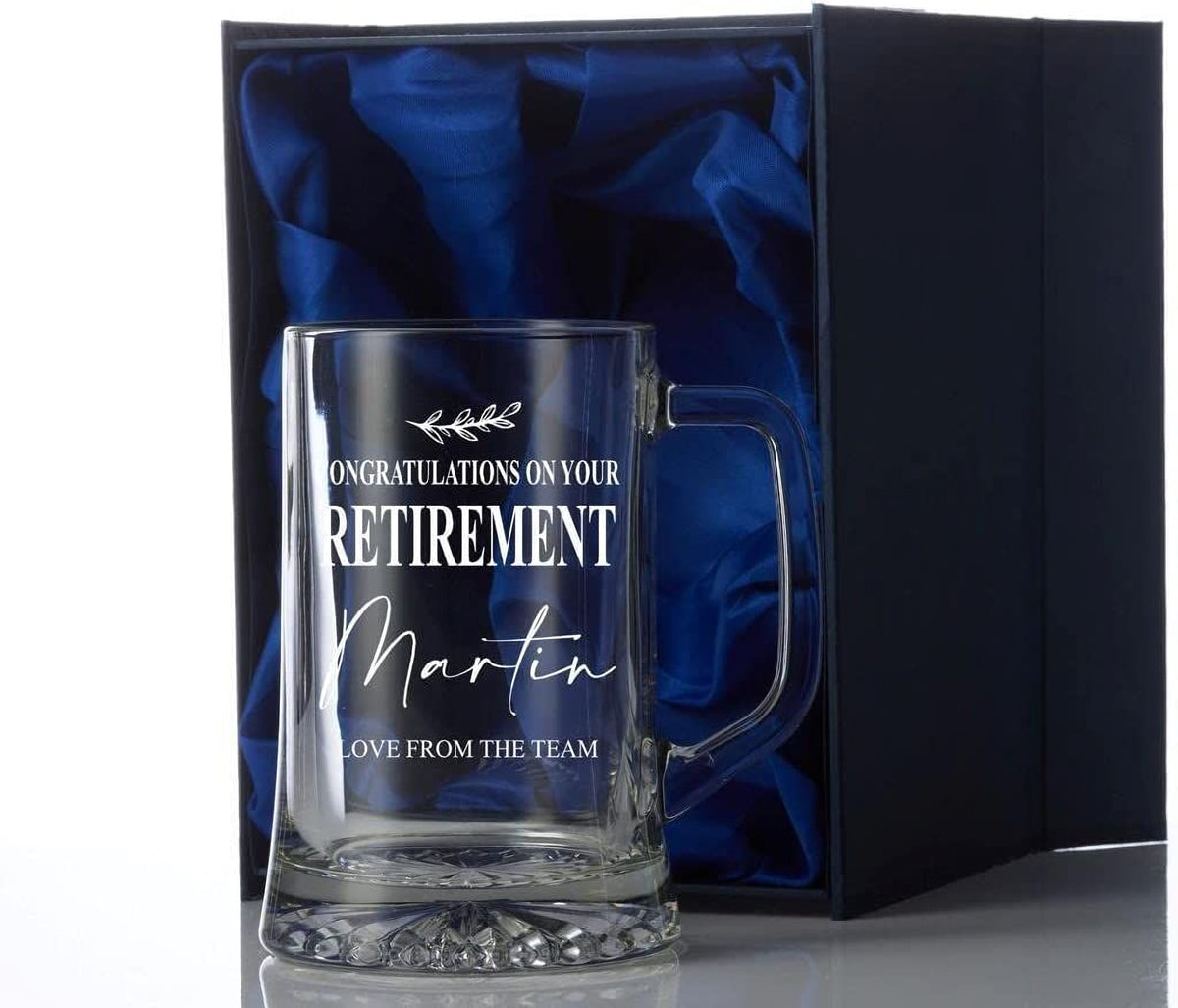Personalised Retirement Beer Glass Tankard in Silk Lined Gift Box personalised beer glasses ukgiftstoreonline
