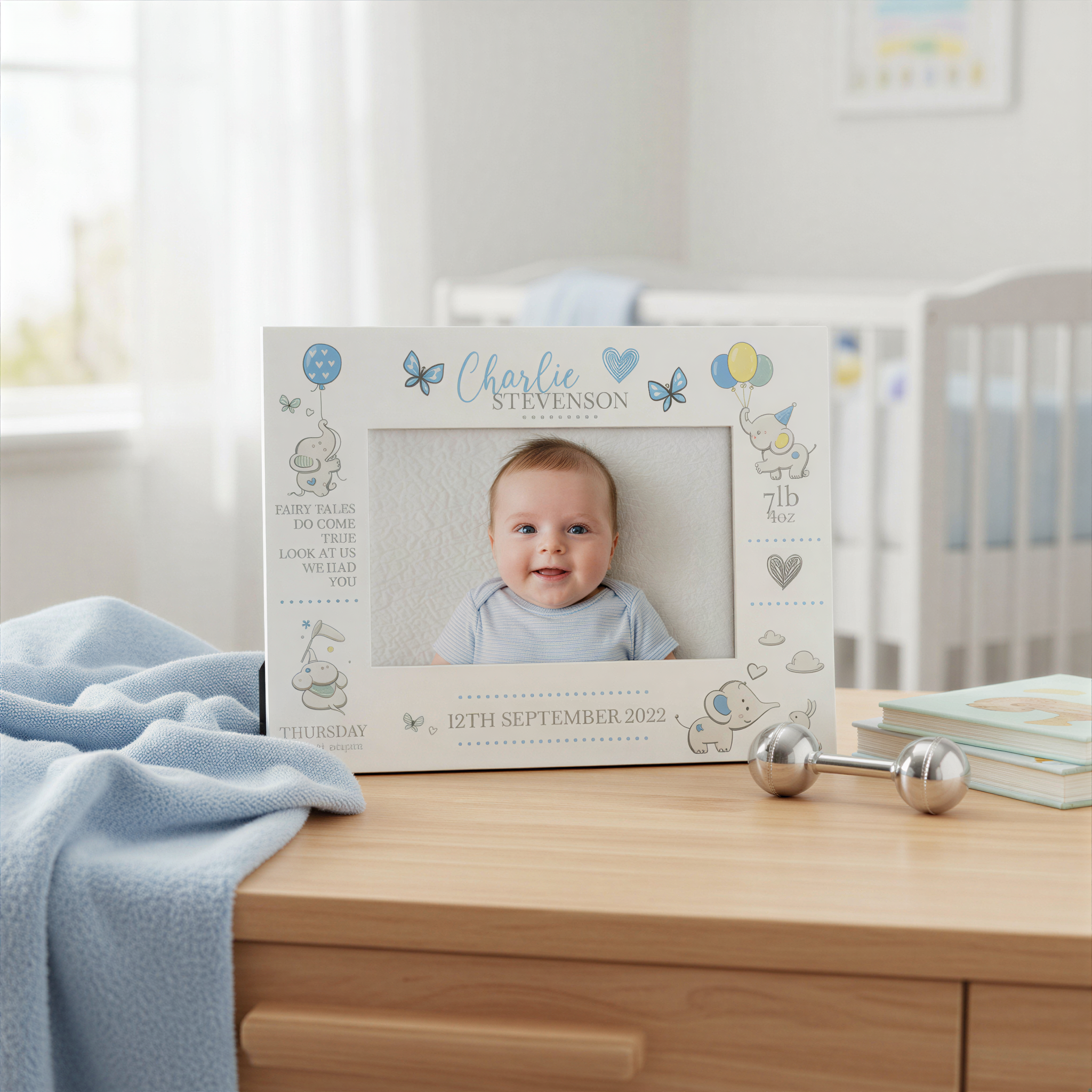 Personalised Baby Photo Frame, Boy Birth Details, Cute Elephant Photo Frame ukgiftstoreonline