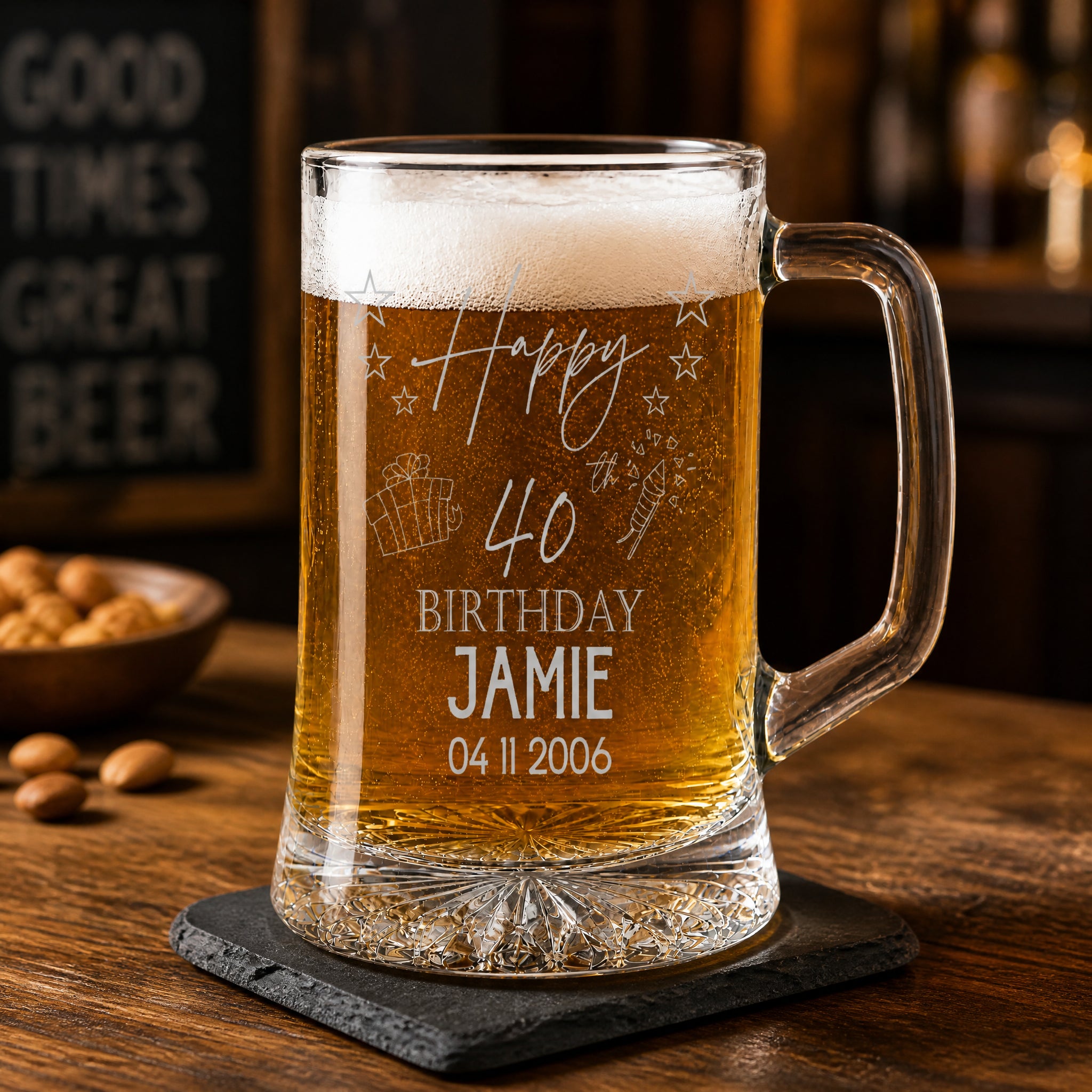 Personalised 40th Birthday Pint Beer Tankard Glass with Stars personalised beer glasses ukgiftstoreonline