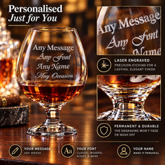 The image is a collage of three photos featuring a personalized glass of wine with a message engraved on it. The glass is placed on a wooden surface, and the message is personalized with the user's name and any additional words. The glass is laser engraved, and the message is permanent and durable.