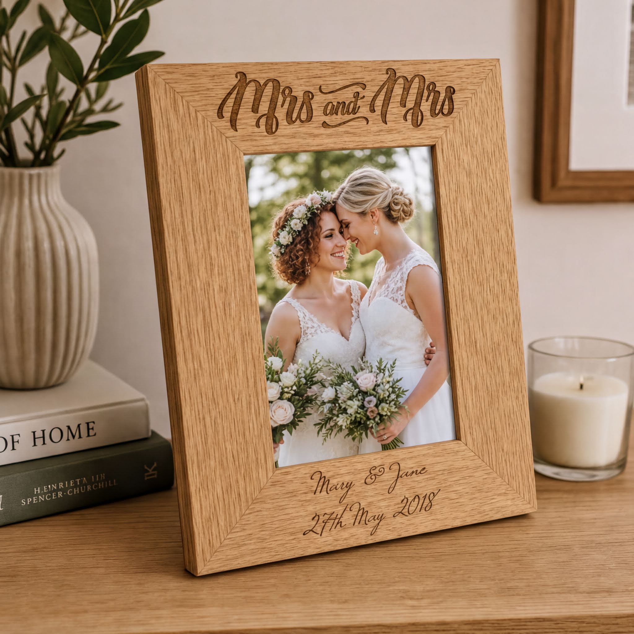 Engraved Wooden Photo Frame – Personalised Mrs and Mrs Wedding Gift Oak Finish wedding photo frame ukgiftstoreonline