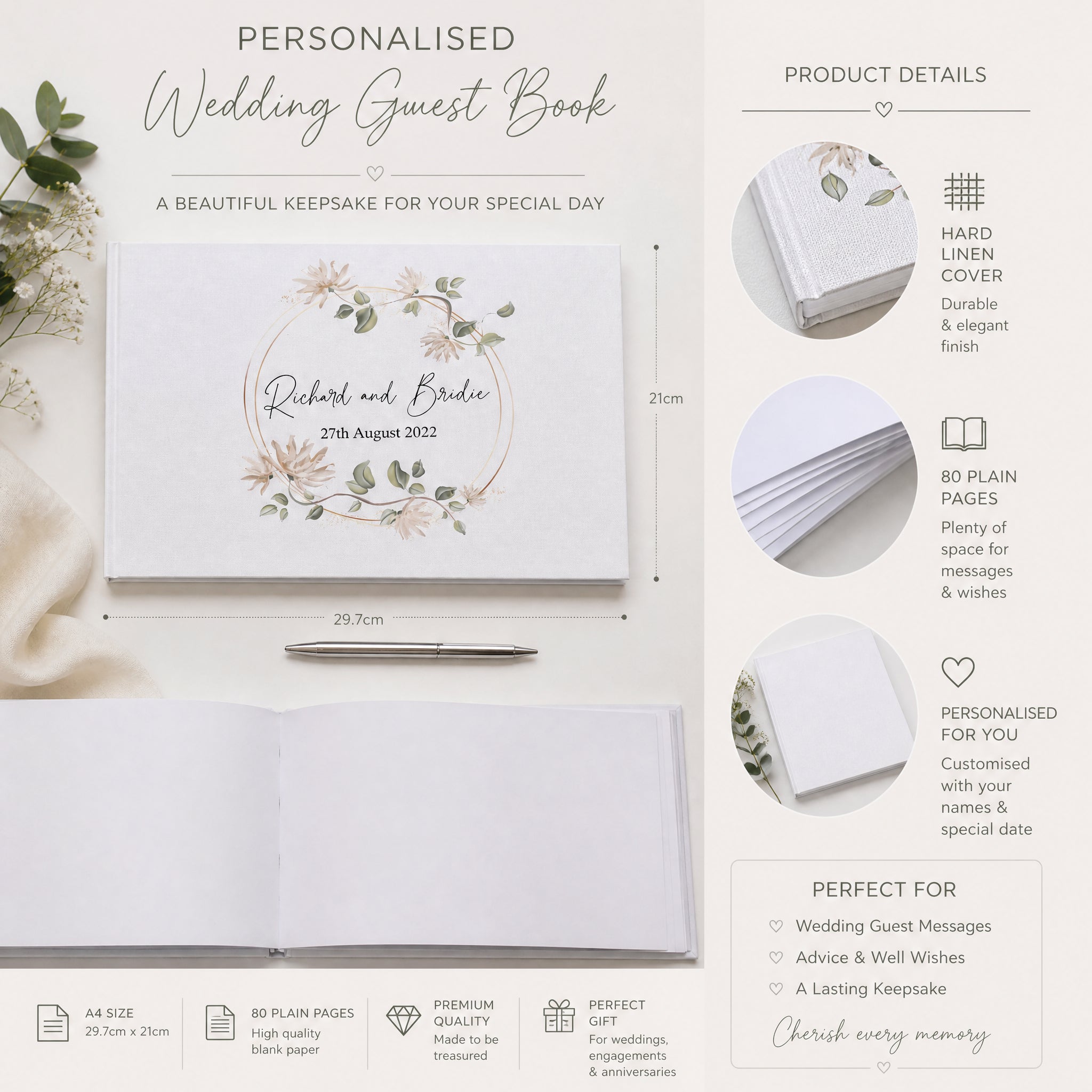 Personalised Wedding Guest Book, Large A4 Linen Cover, Floral Design Guest Book ukgiftstoreonline