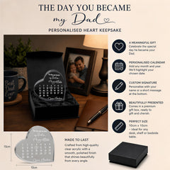 The image is a promotional poster for a personalized heart keepsake, featuring a calendar and a mug with the text "Best Dad Ever".