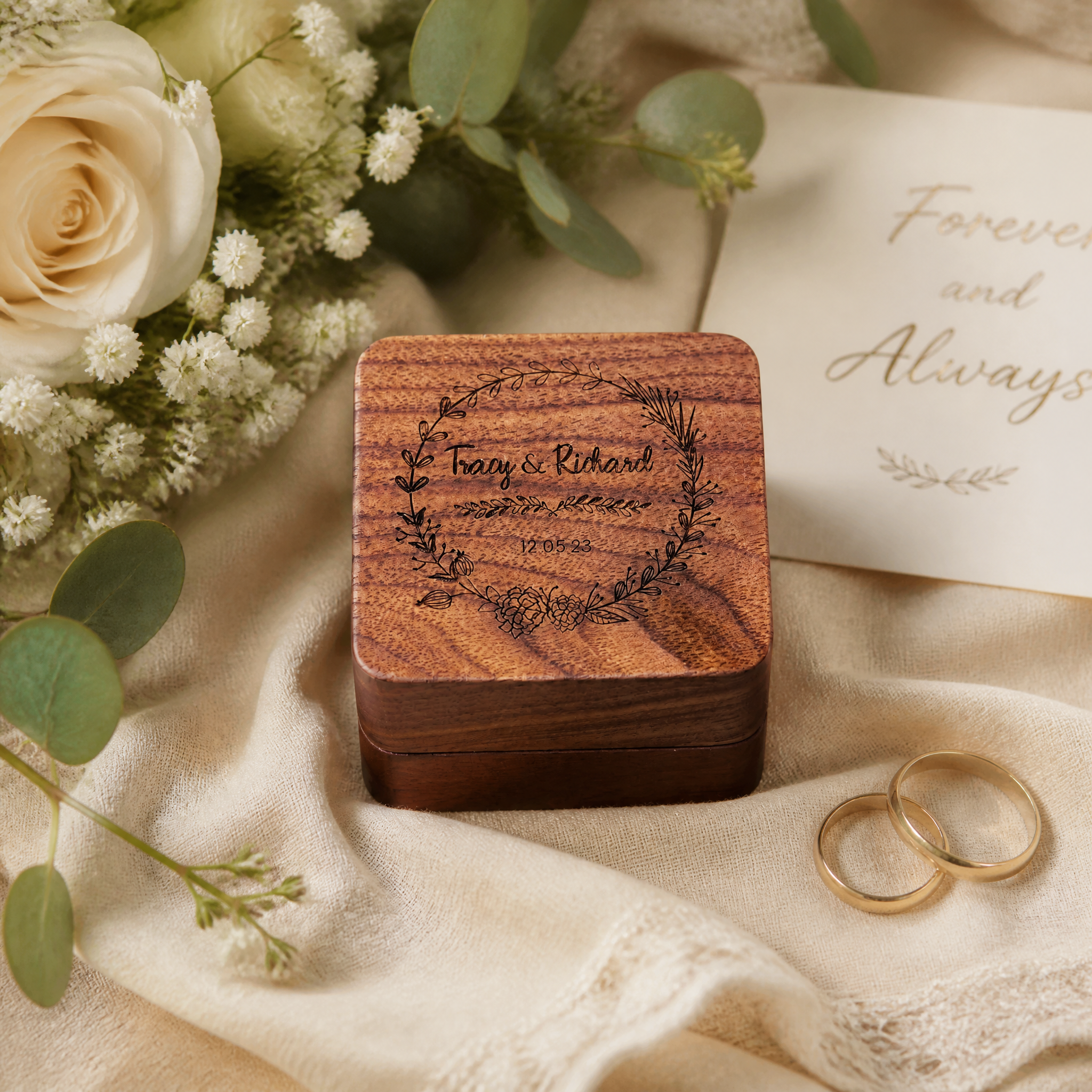 Personalised Wedding Ring Box, Square Holder For 2 Rings With Wreath Ring Box Holder ukgiftstoreonline