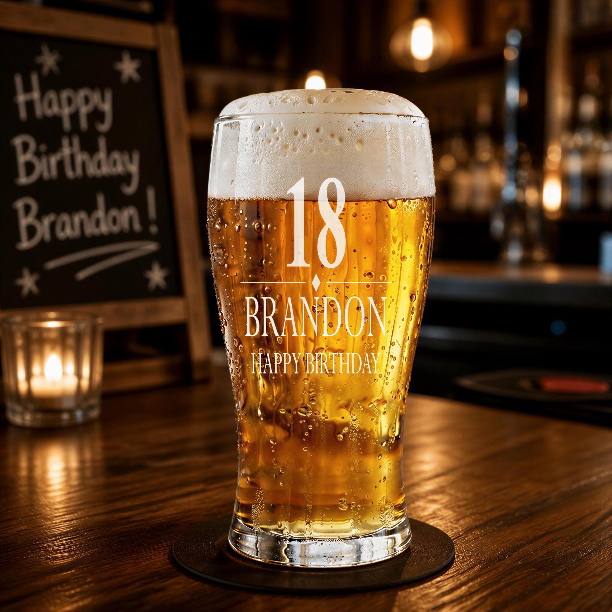 A glass of beer with the number 18 and the name "Brandon" printed on it, placed on a wooden surface in a bar setting.