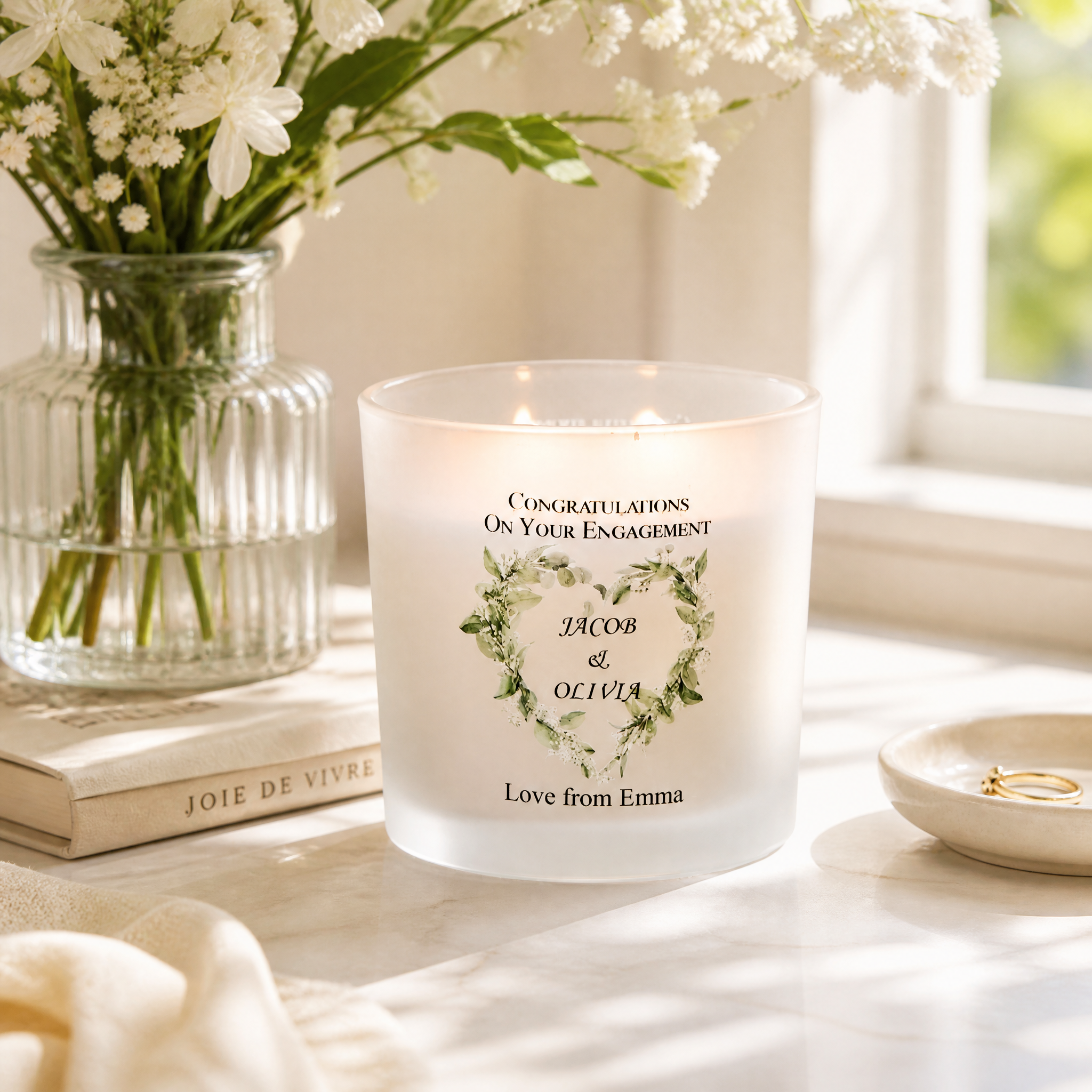 Personalised Large Double Wick Engagement Candle Gift With Floral Heart Wreath personalised Candle Lights ukgiftstoreonline