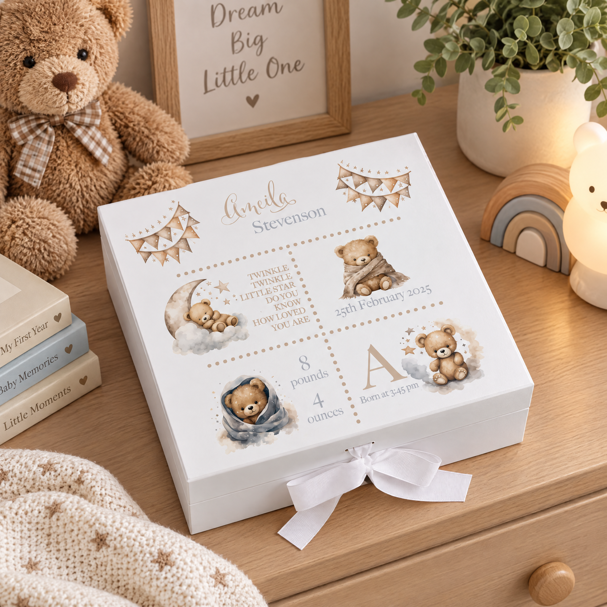 Personalised Baby Memory Keepsake Box with Cute Teddy Icons and Birth Details ukgiftstoreonline
