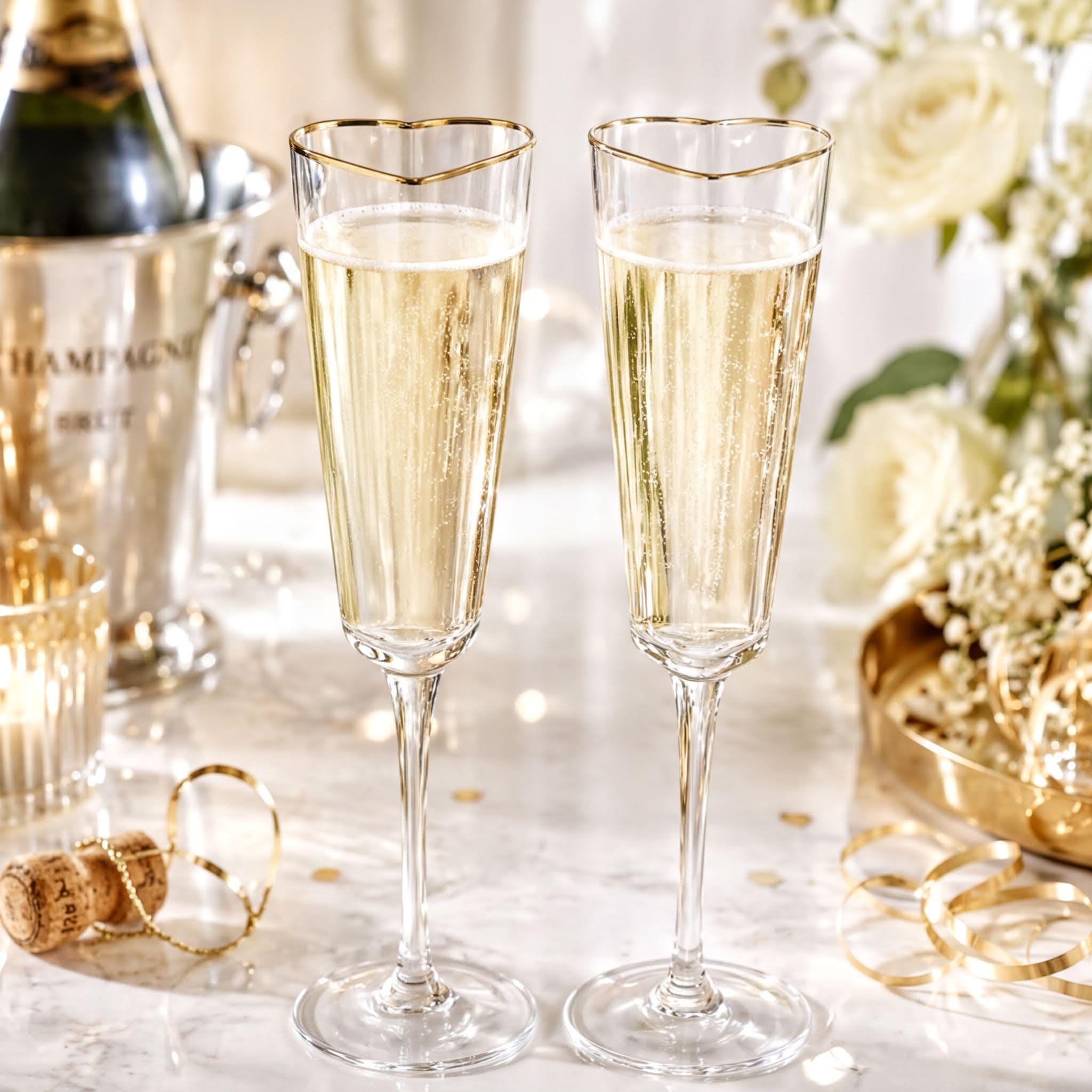 Two champagne flutes filled with champagne sit on a table, with a bottle of champagne and a cork nearby. The background features white flowers and confetti, creating a festive atmosphere.