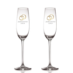 Personalised Wedding Champagne Glasses Set With Gold Rings